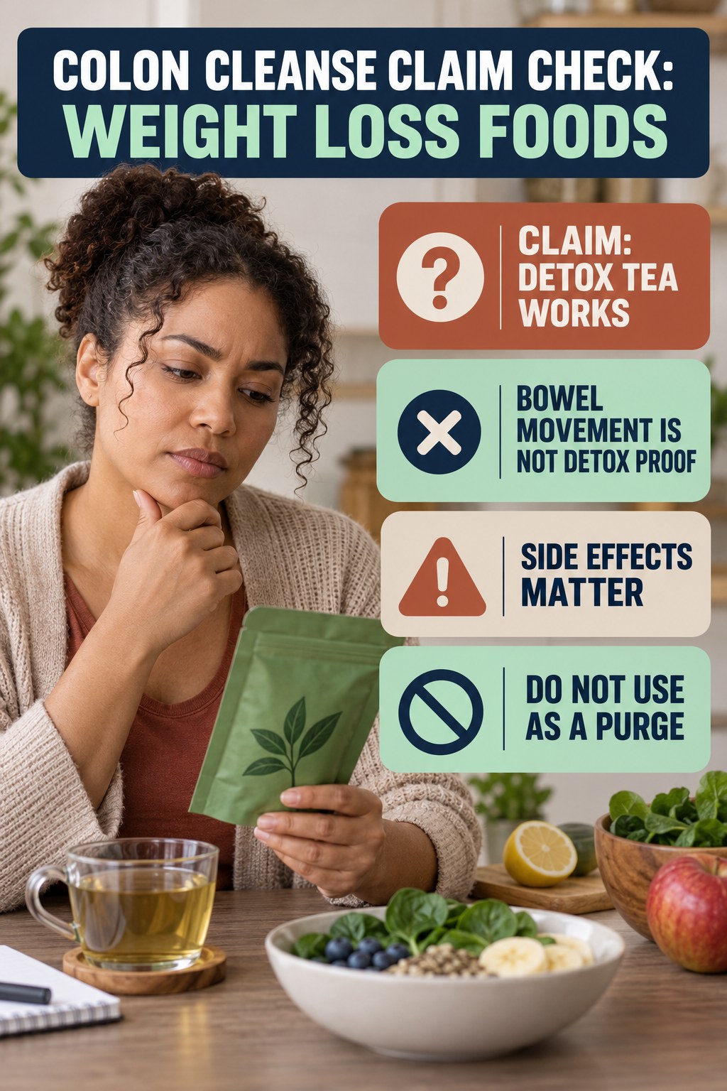 Detox Tea and Laxative Claims infographic for Weight Loss Foods, separating a colon-cleanse marketing claim from evidence, reasonable conclusions, and safety context.
