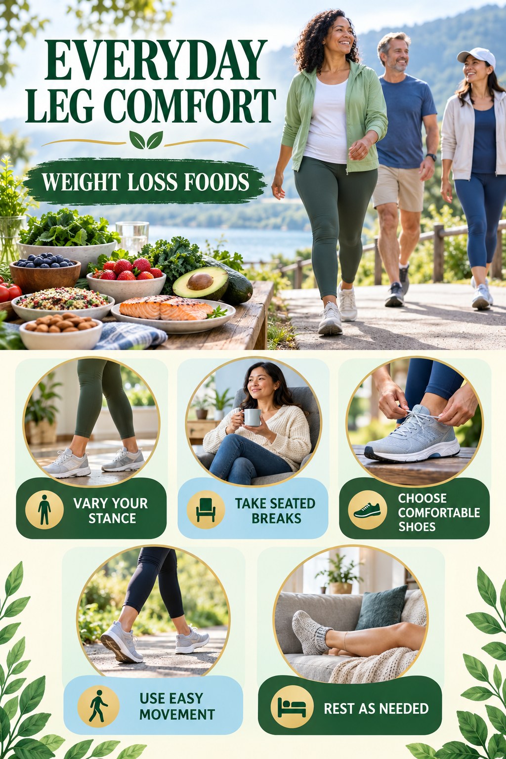 Comfort After a Day on Your Feet infographic for Weight Loss Foods with five gentle movement, position, footwear, recovery, or safety actions.
