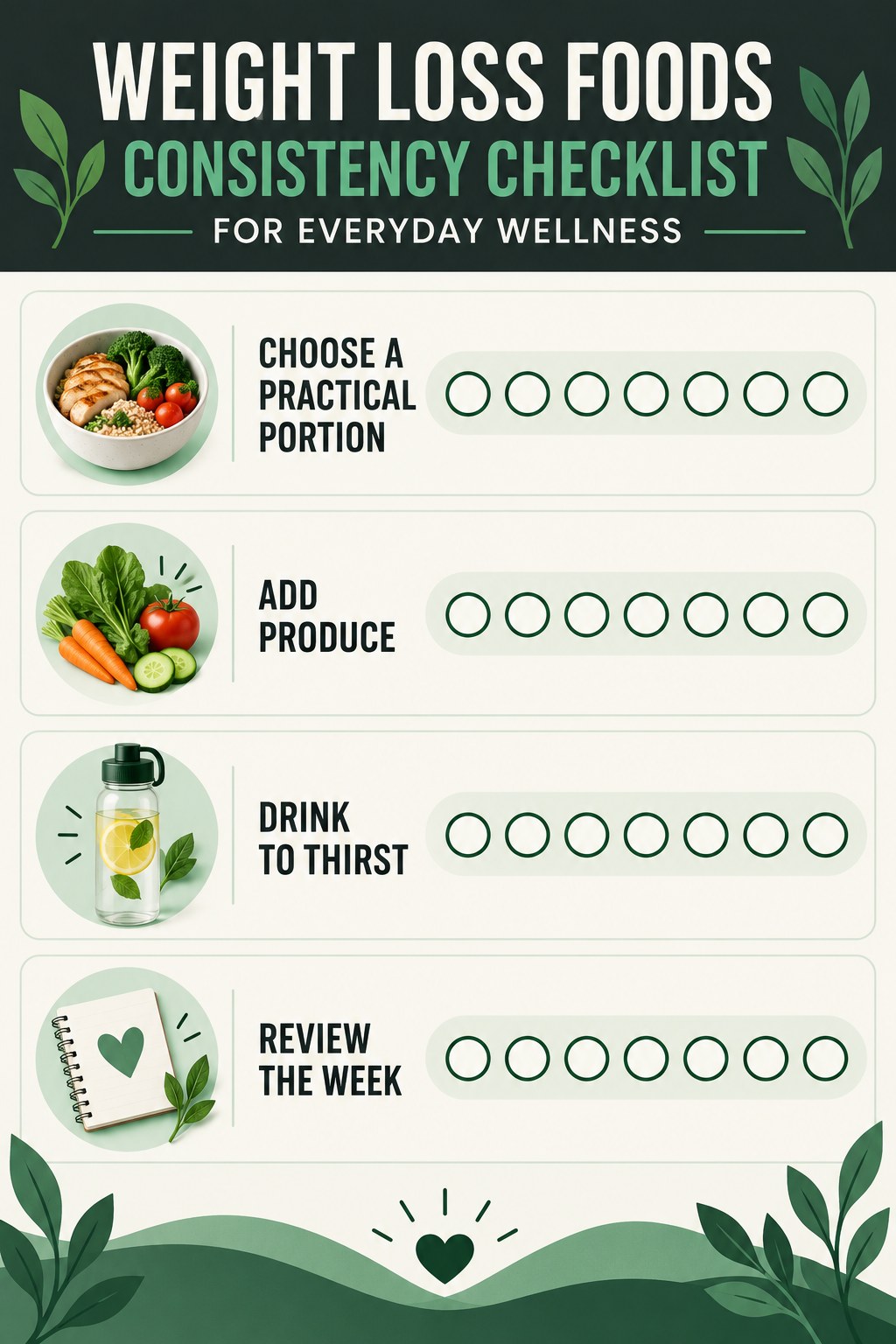 Weight Loss Foods Consistency Checklist for Everyday Wellness infographic with checkboxes for choose a practical portion, add produce, drink to thirst, review the week.