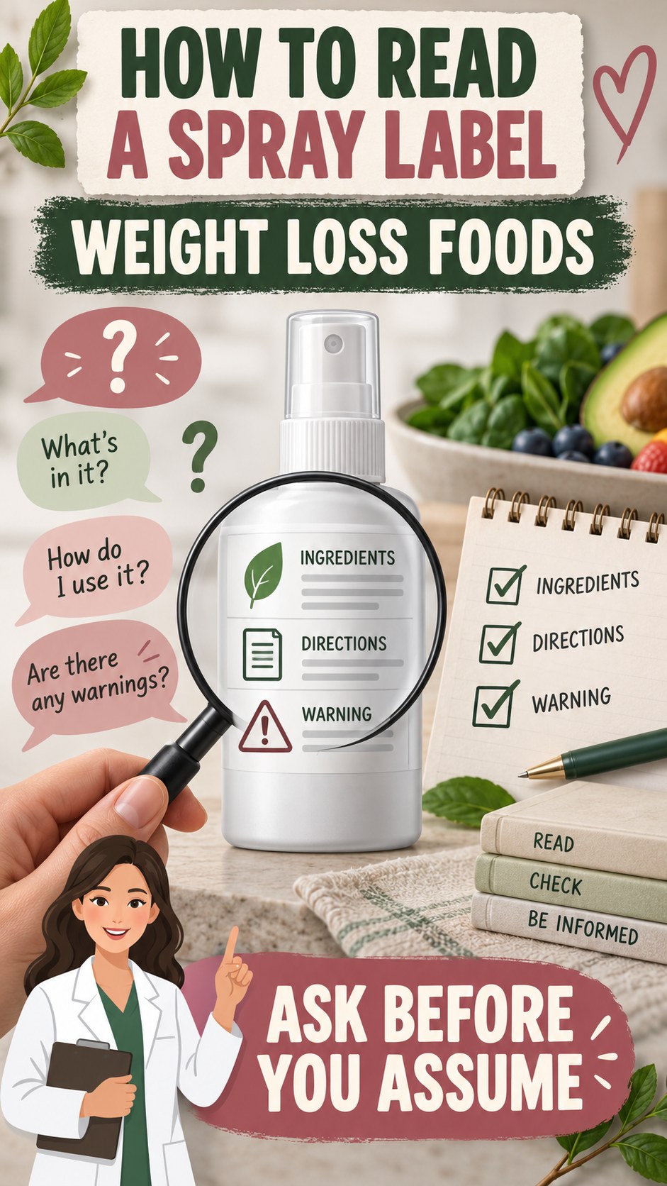 Consumer Questions Checklist infographic for Weight Loss Foods, showing a generic spray-label checklist that separates available facts, missing details, and evidence questions.