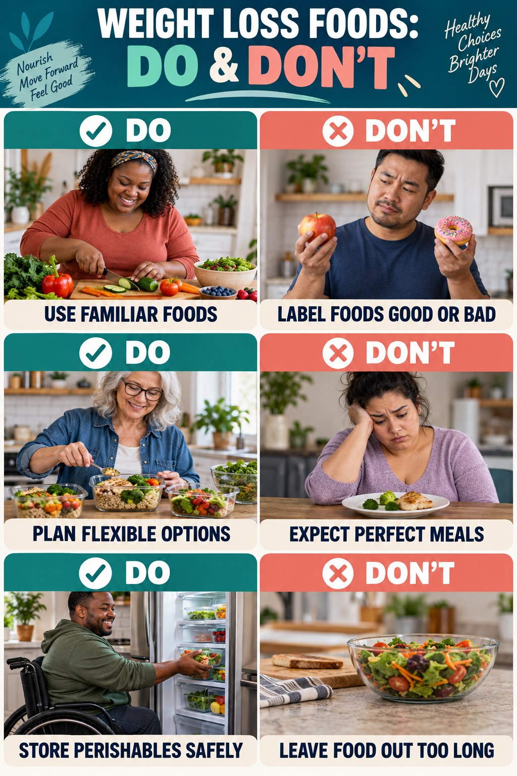 Weight Loss Foods Do and Don’t comparison graphic showing three practical behavior pairs for everyday meal habits.