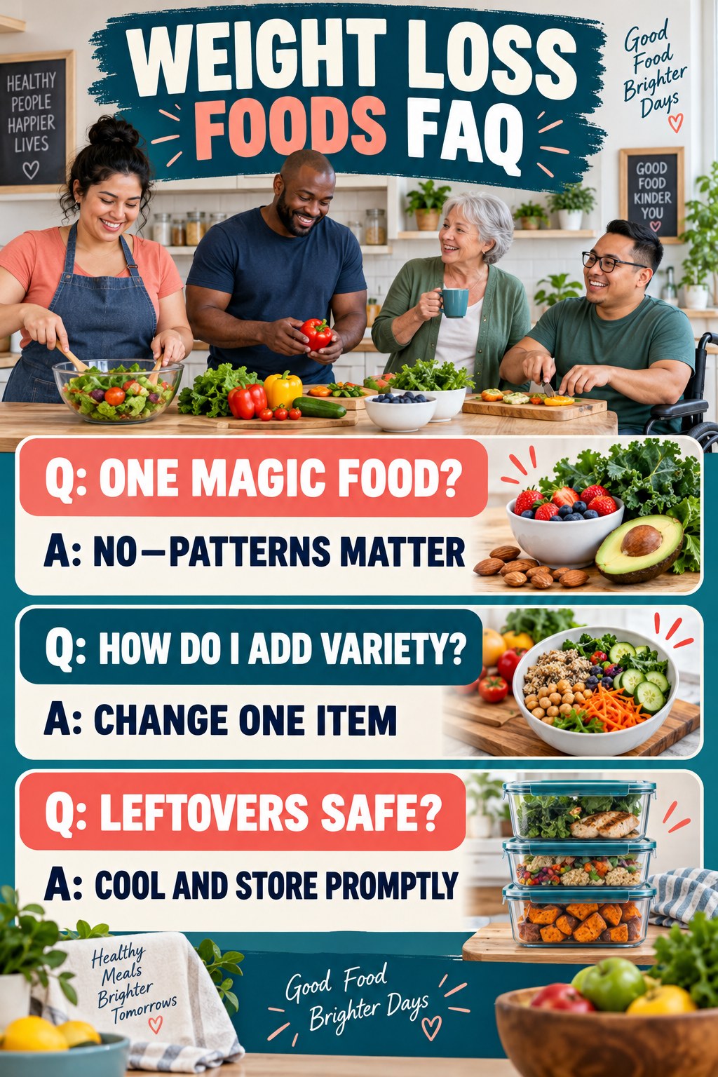 Weight Loss Foods FAQ graphic with three concise questions and practical answers for beginners.