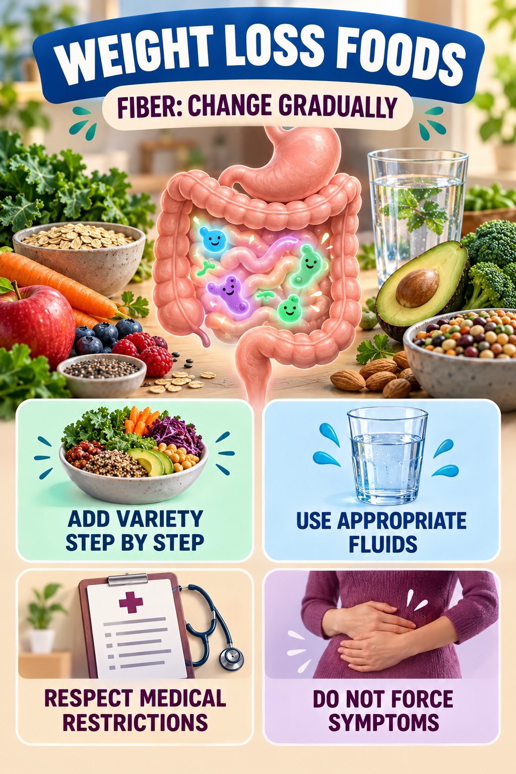 Fiber Changes Should Be Gradual educational infographic for Weight Loss Foods with four evidence-aware points.