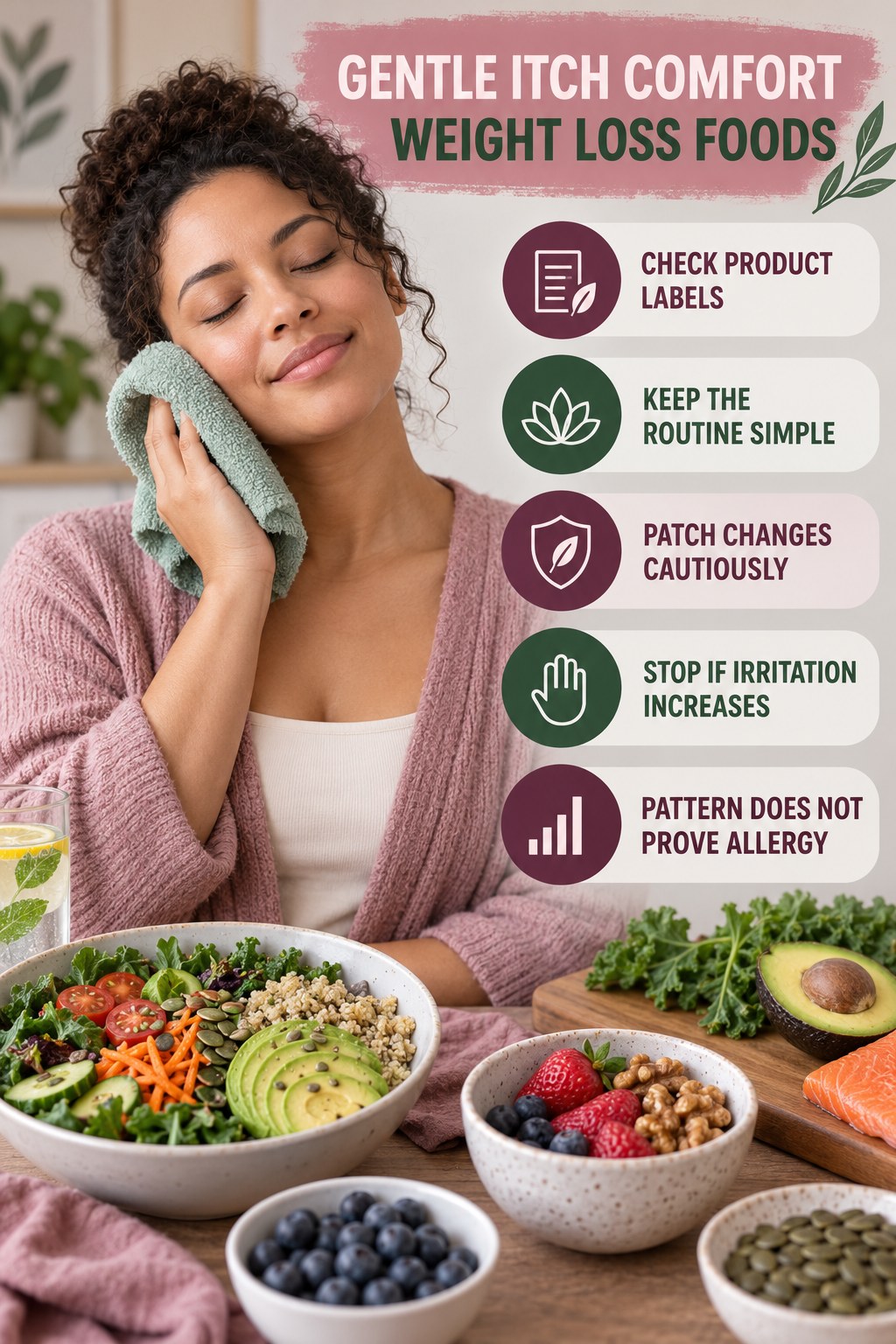 Fragrance-Free Awareness infographic for Weight Loss Foods with five gentle itchy-skin comfort strategies and a non-diagnostic safety focus.