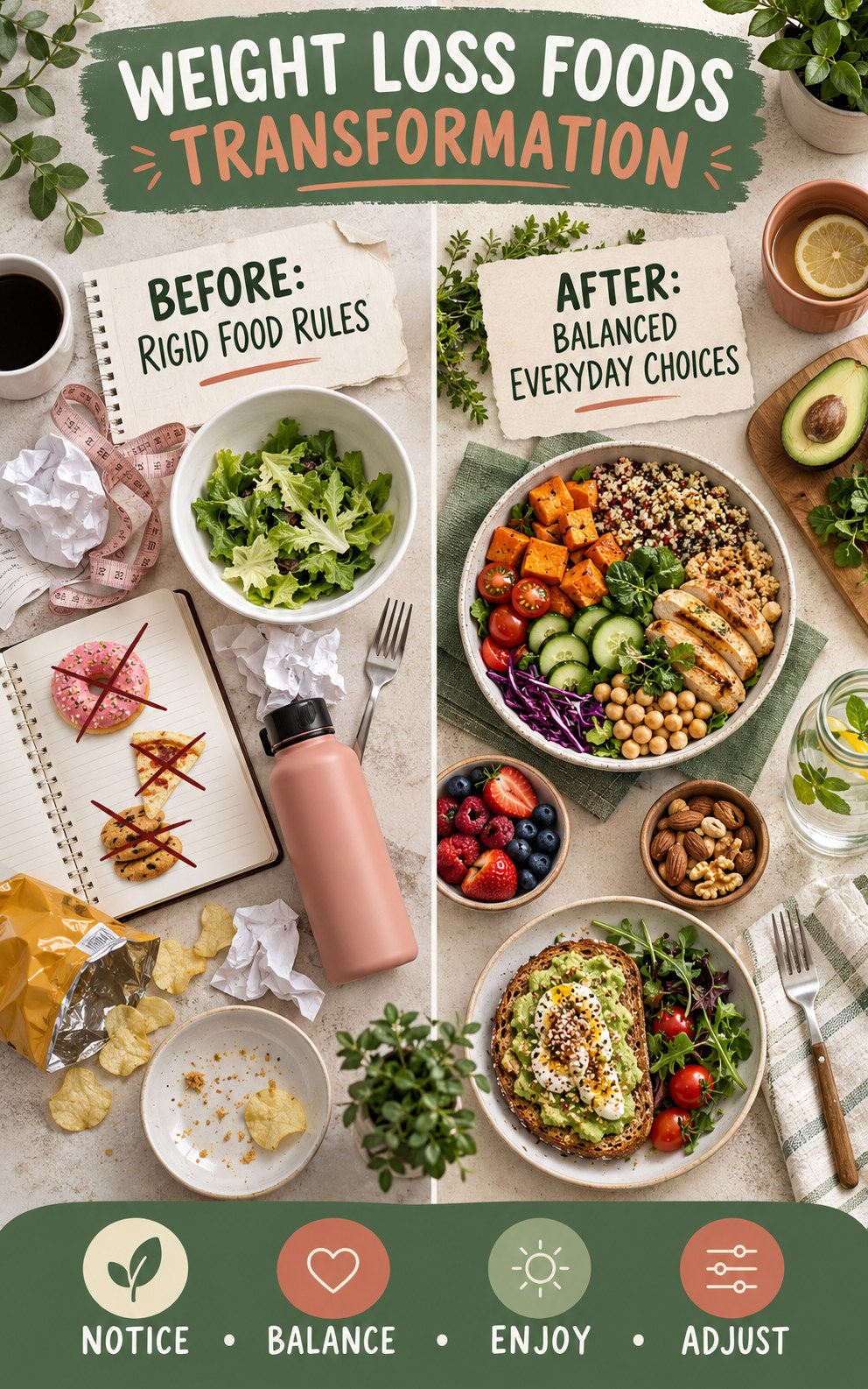 Weight Loss Foods habit transformation graphic comparing rigid food rules with balanced everyday choices using four practical steps.