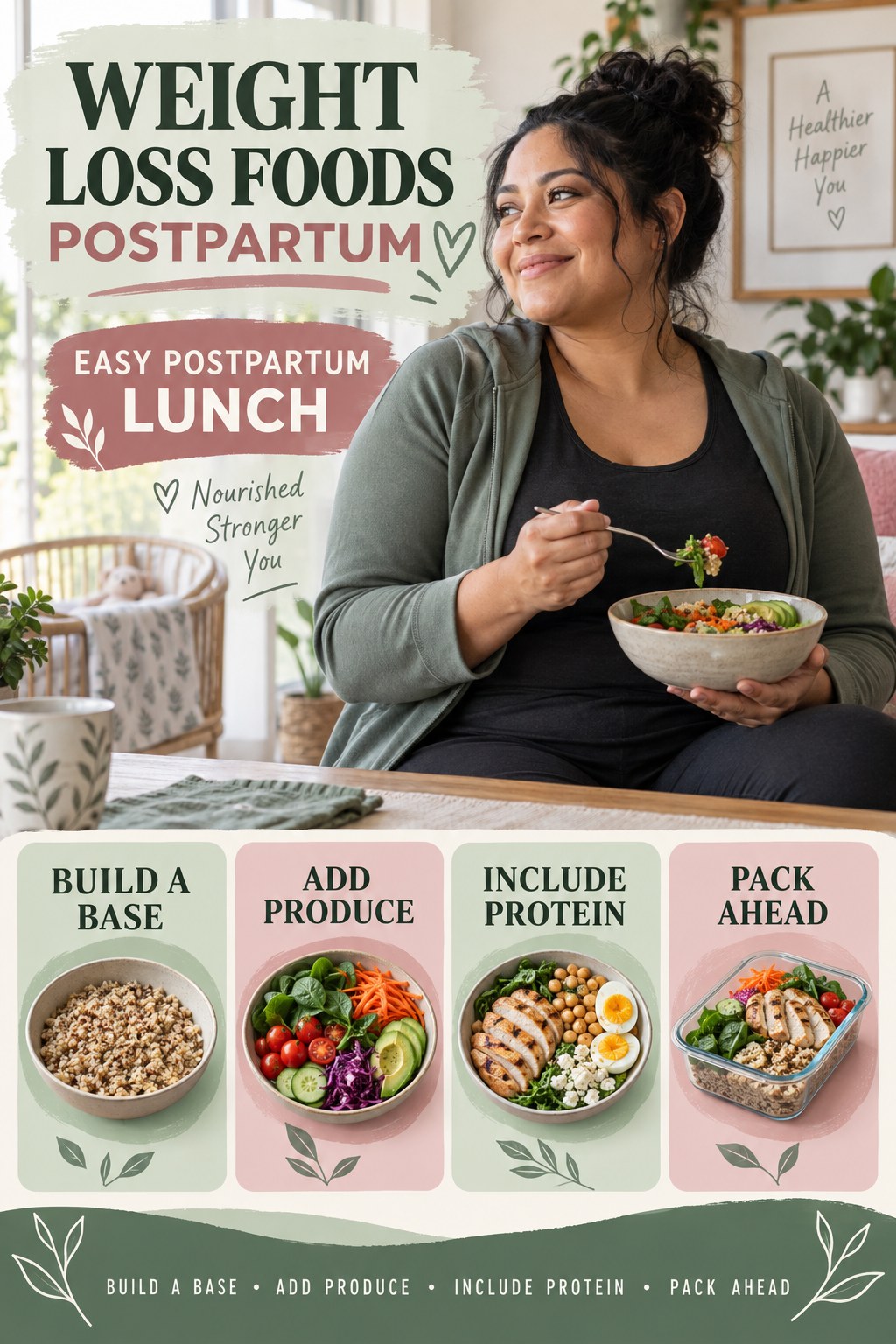 Weight Loss Foods postpartum graphic titled Easy Postpartum Lunch with four gradual recovery-aware prompts.