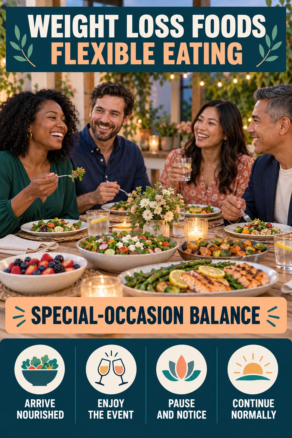 Weight Loss Foods flexible eating graphic titled Special-Occasion Balance with four practical balance prompts.