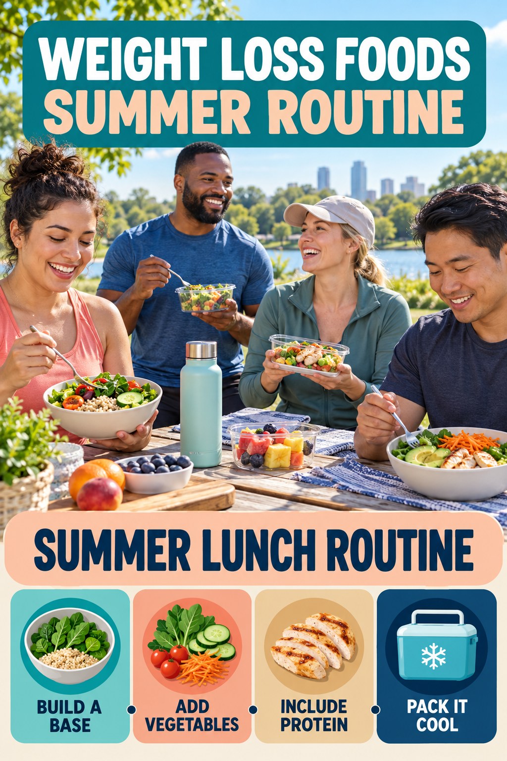 Weight Loss Foods summer routine graphic titled Summer Lunch Routine with four practical wellness prompts.