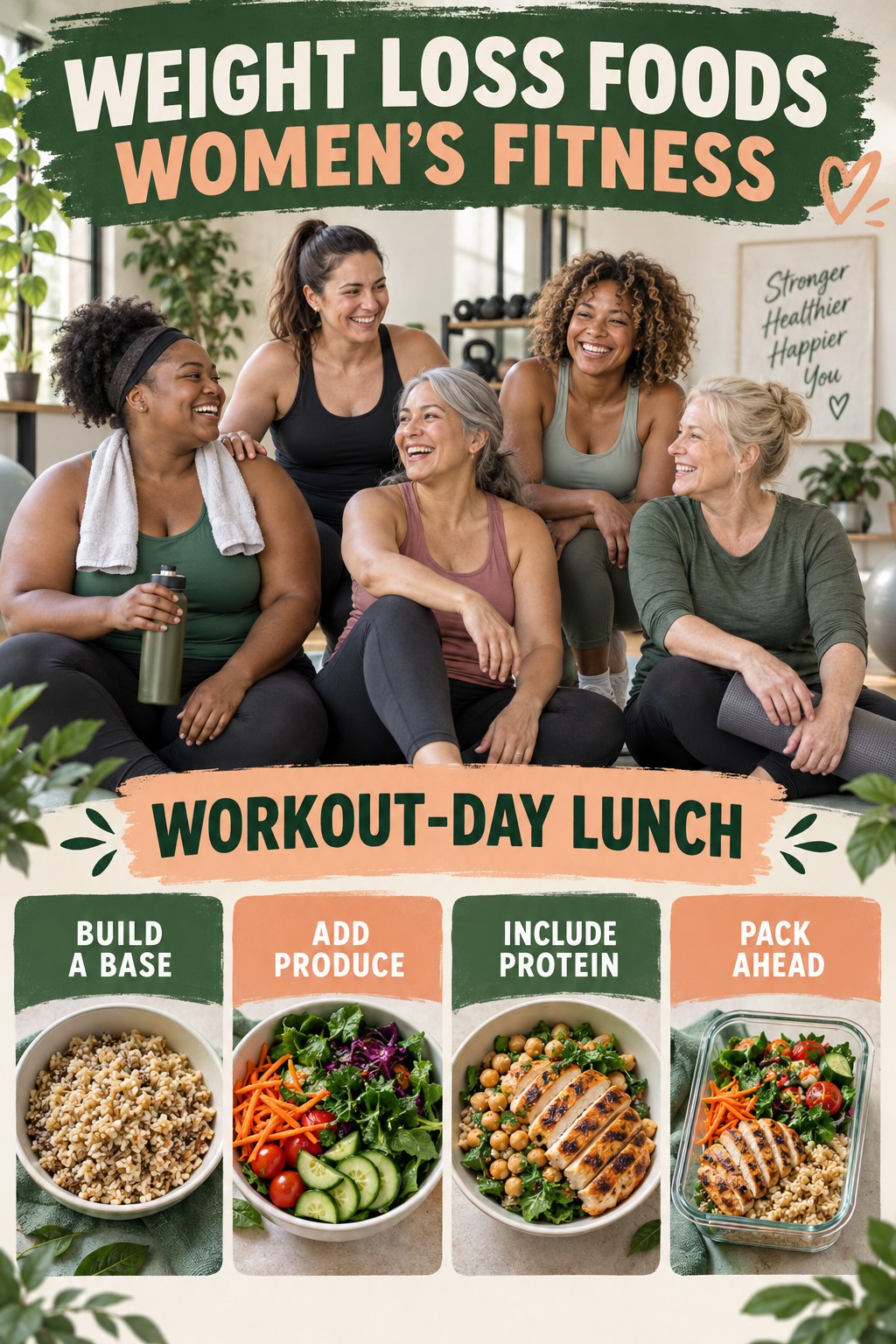 Weight Loss Foods women’s fitness graphic titled Workout-Day Lunch with four practical training prompts.