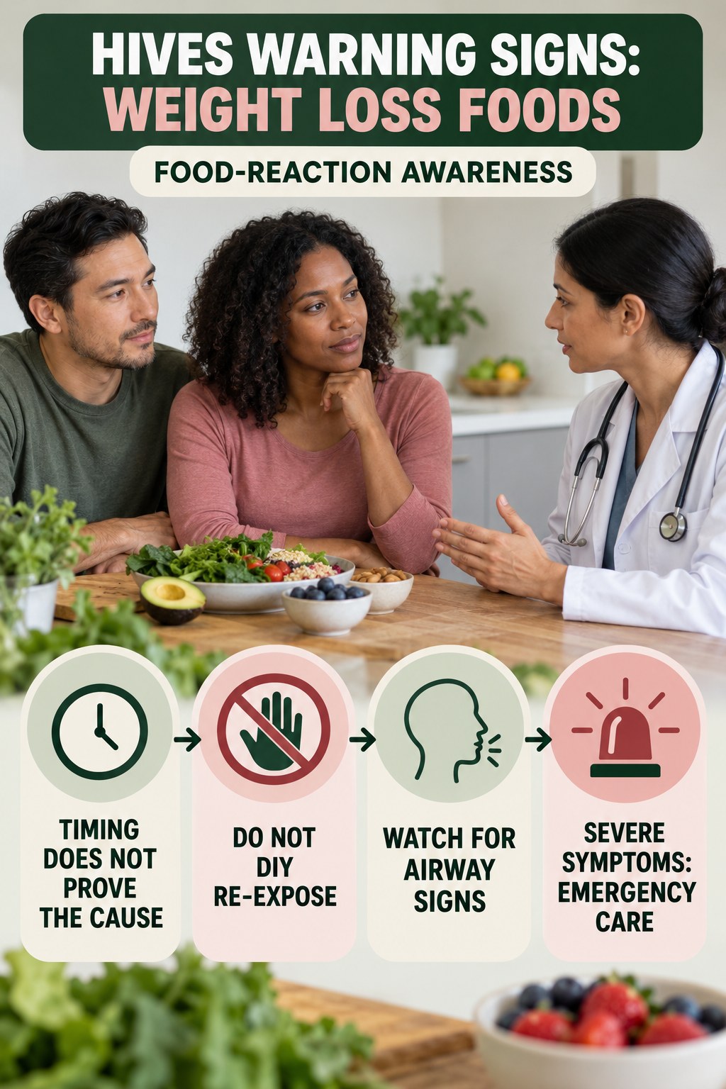 Food-Reaction Awareness infographic for Weight Loss Foods, highlighting urgent breathing, throat, swelling, fainting, and rapid-progression warning signs without diagnosing hives.