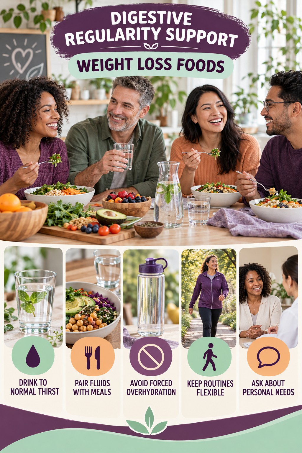 Hydration and Routine Support infographic for Weight Loss Foods with five practical food, hydration, movement, or routine actions and no cleanse claims.