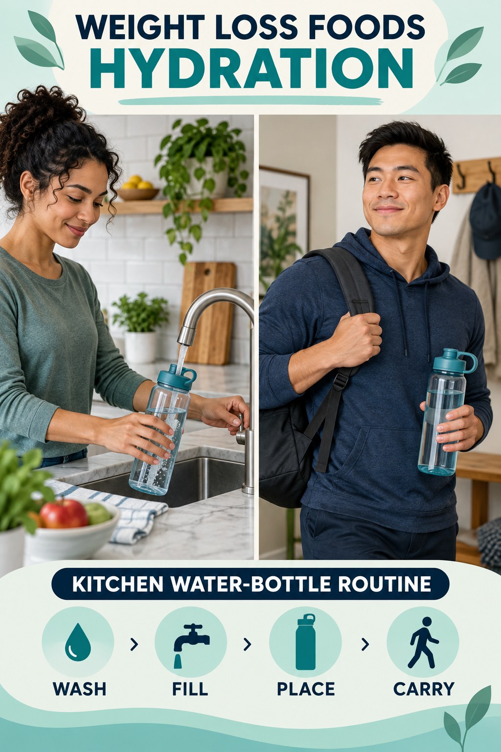 Weight Loss Foods hydration graphic titled Kitchen Water-Bottle Routine with four flexible water-habit prompts and no fixed intake target.