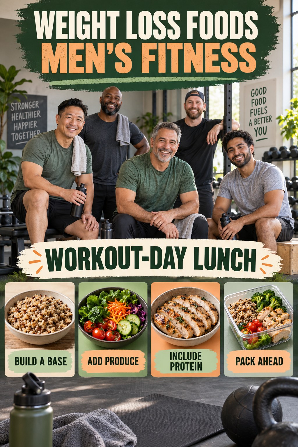 Weight Loss Foods men’s fitness graphic titled Workout-Day Lunch with four practical training prompts.