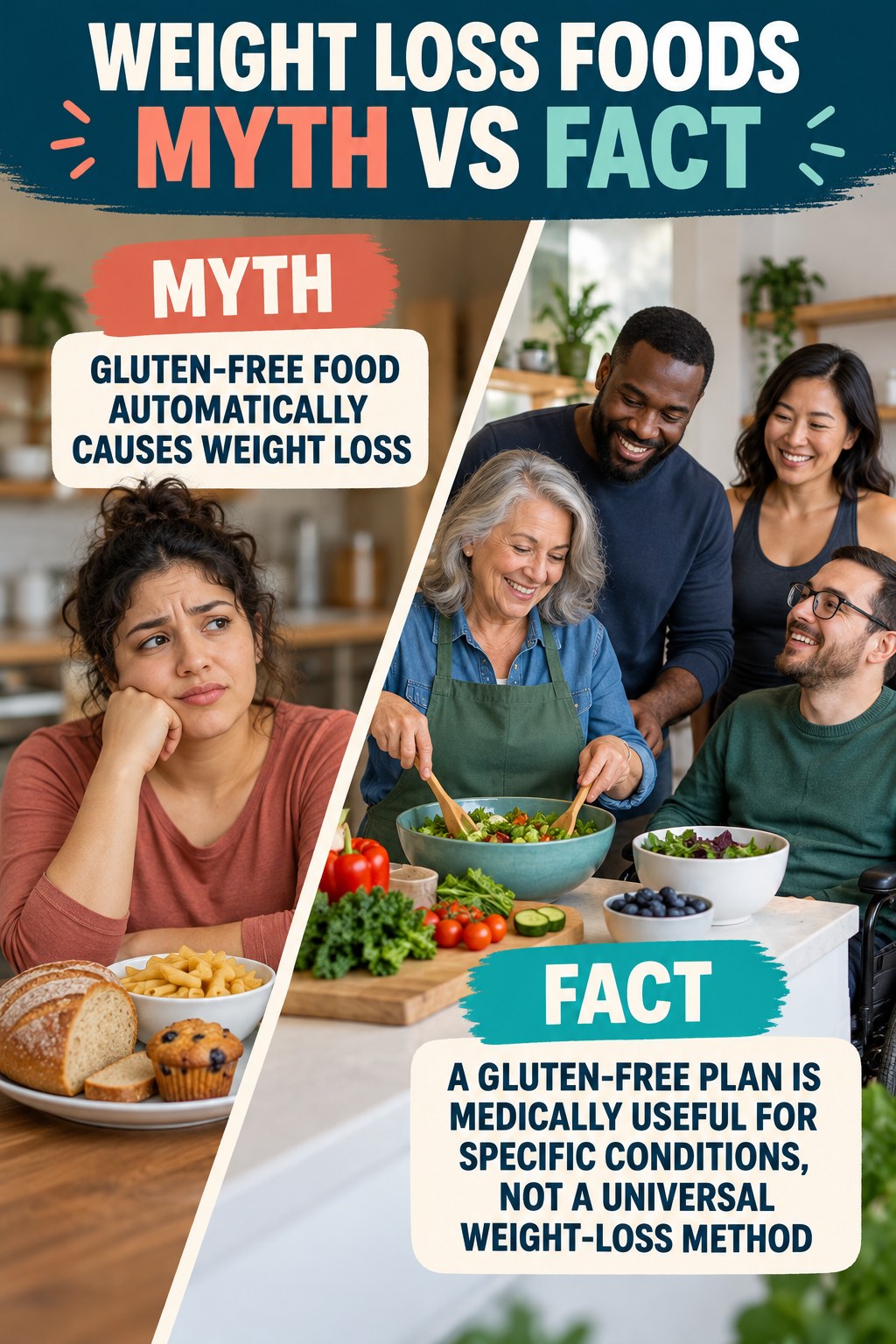 Weight Loss Foods Myth vs Fact graphic correcting the misconception about gluten-free eating.