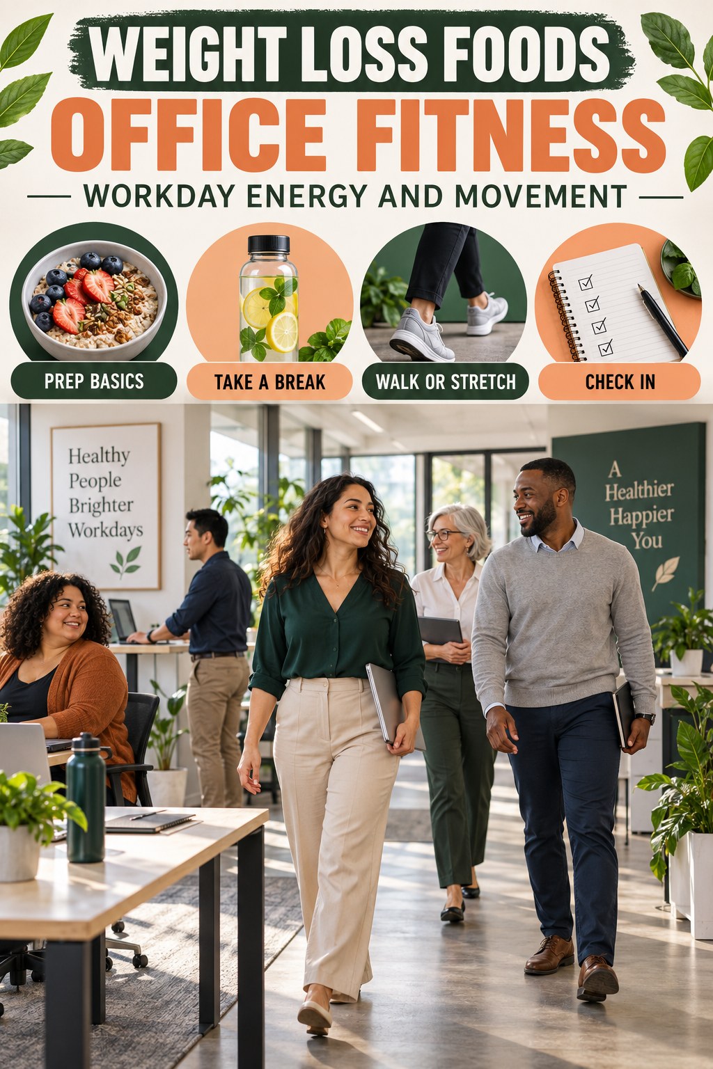 Weight Loss Foods office-fitness graphic titled Workday Energy and Movement with four practical workday movement prompts.