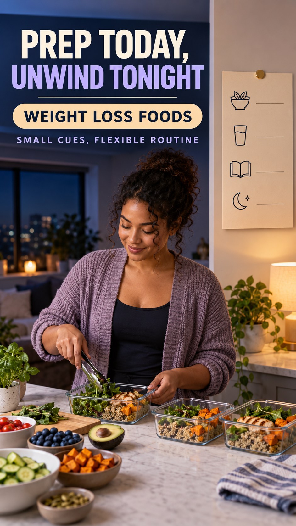 Meal Prep and Sleep Routine infographic for Weight Loss Foods, showing a flexible and calming evening wellness routine.