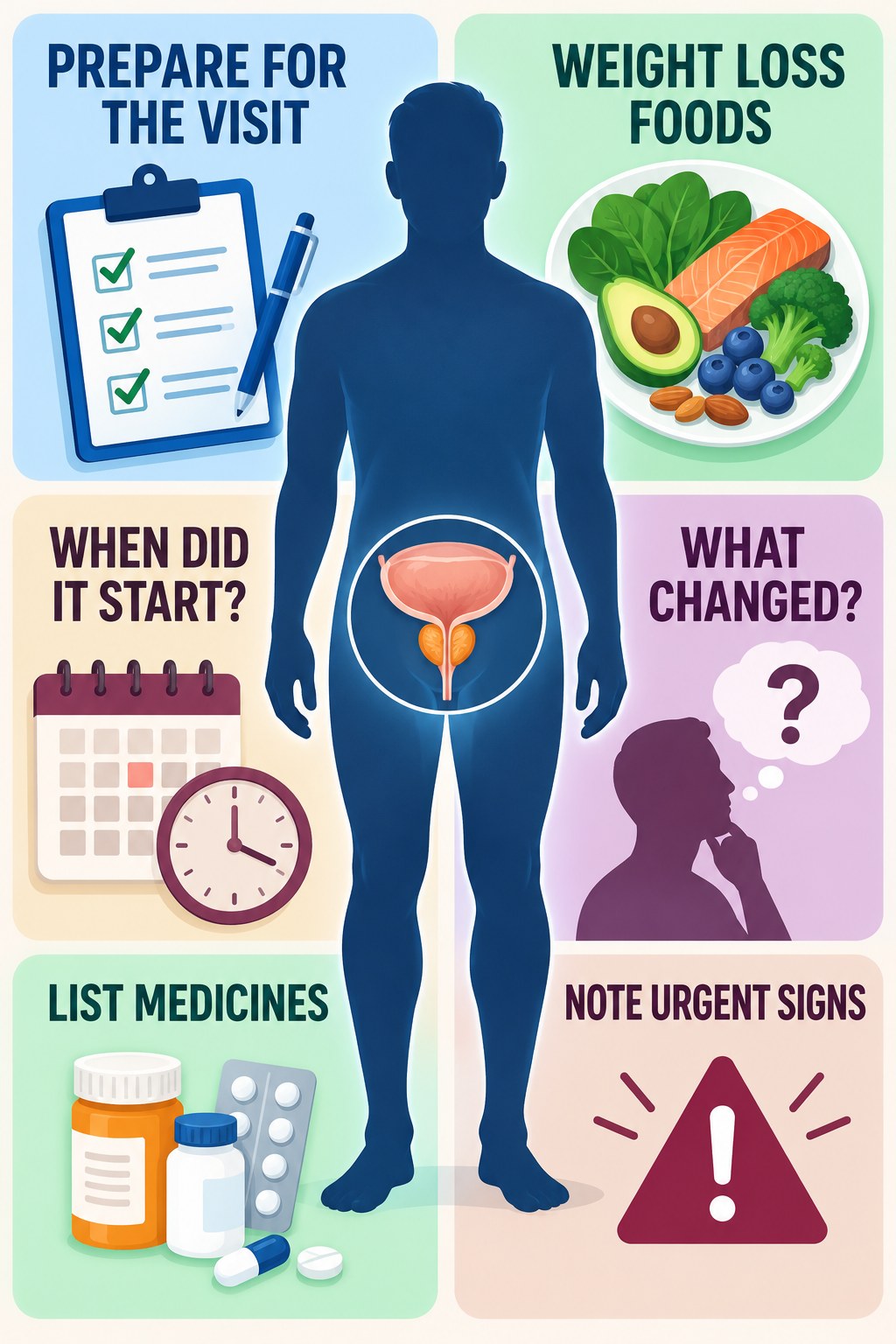 Prepare a Symptom and Medication Summary infographic for Weight Loss Foods with four concise prostate-health awareness points.