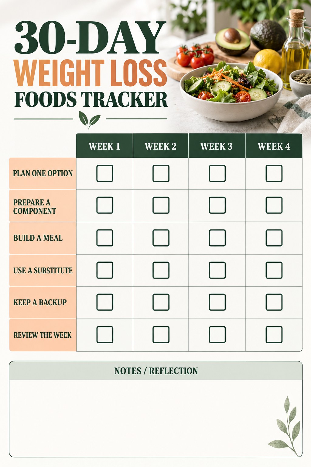 30-Day Weight Loss Foods printable-style tracker graphic with six labeled rows, empty checkboxes, and a reflection area.