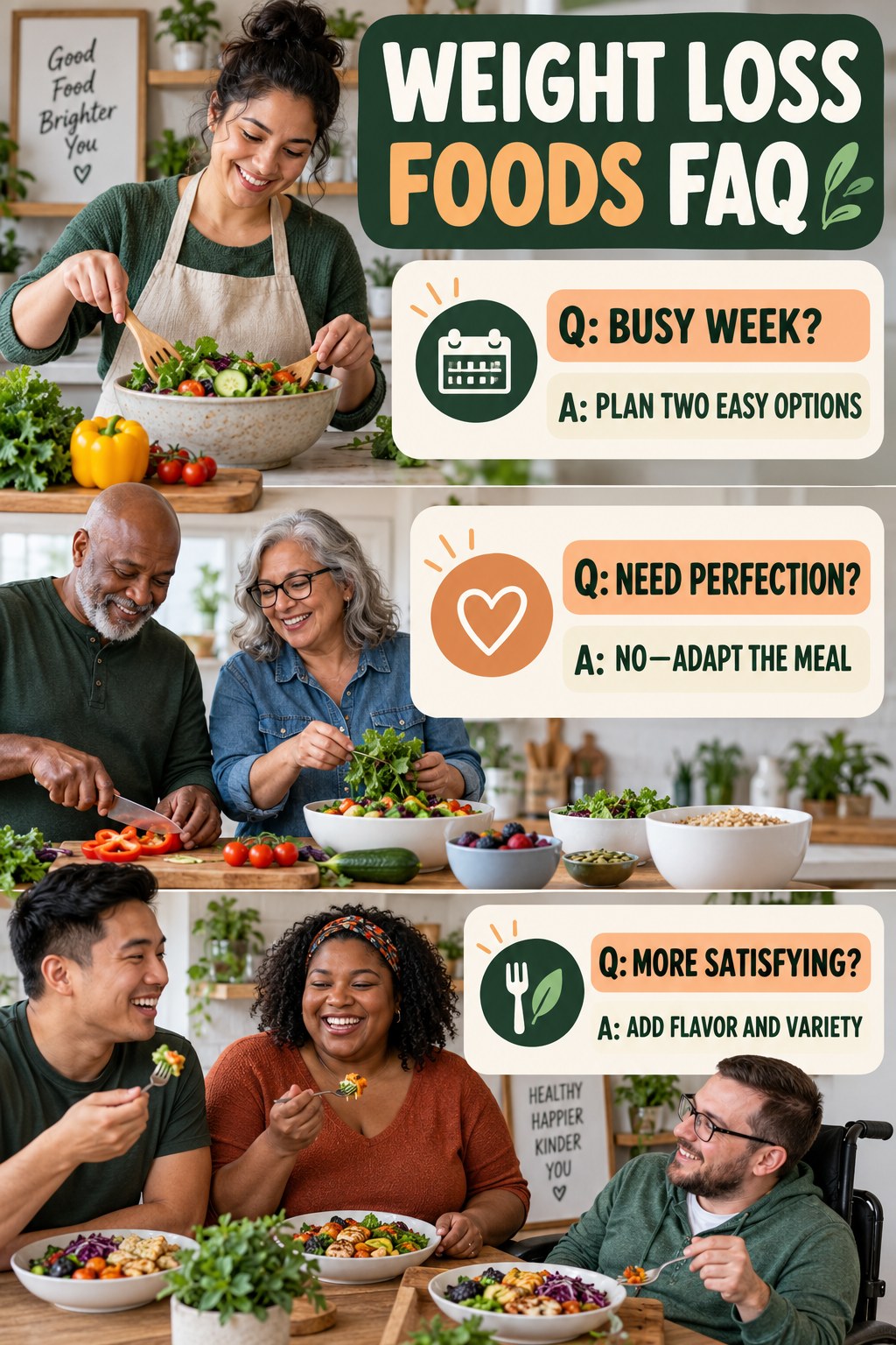 Weight Loss Foods FAQ graphic with three concise questions and practical answers for beginners.