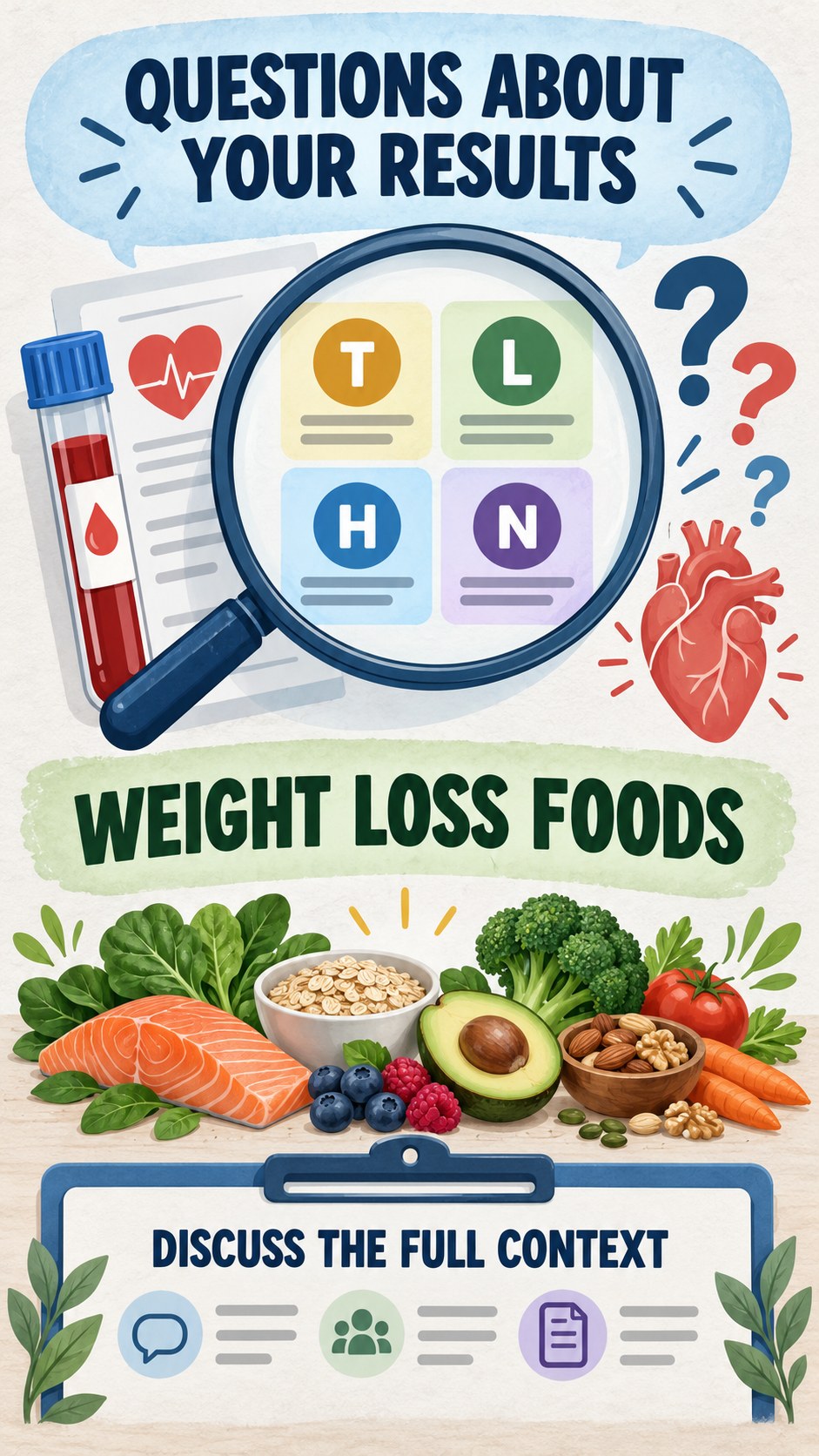 Questions for Your Clinician infographic for Weight Loss Foods, using a non-numerical educational lipid-panel layout with question and context icons.