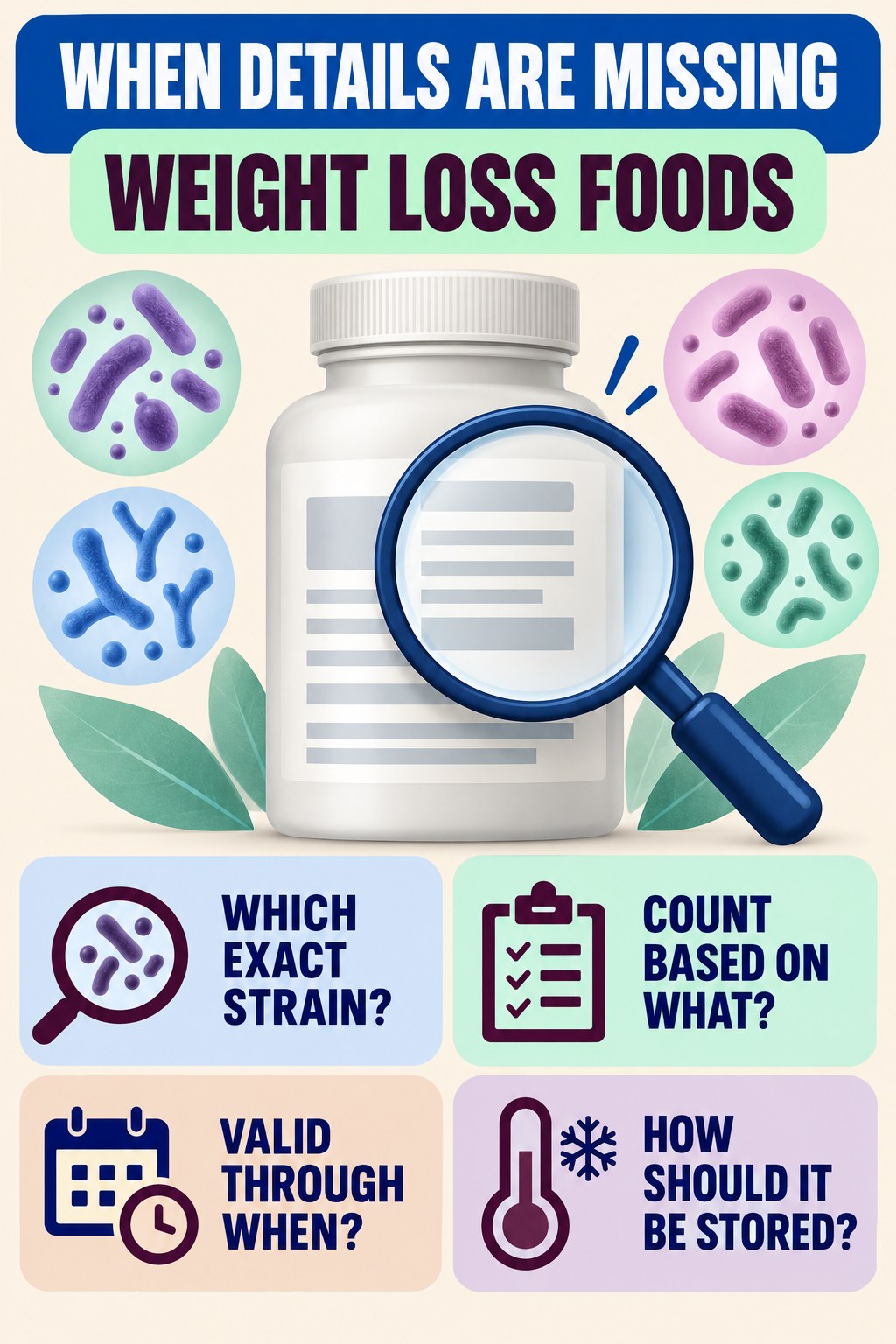 Questions to Ask About an Incomplete Label infographic for Weight Loss Foods with four concise probiotic-label reading points.