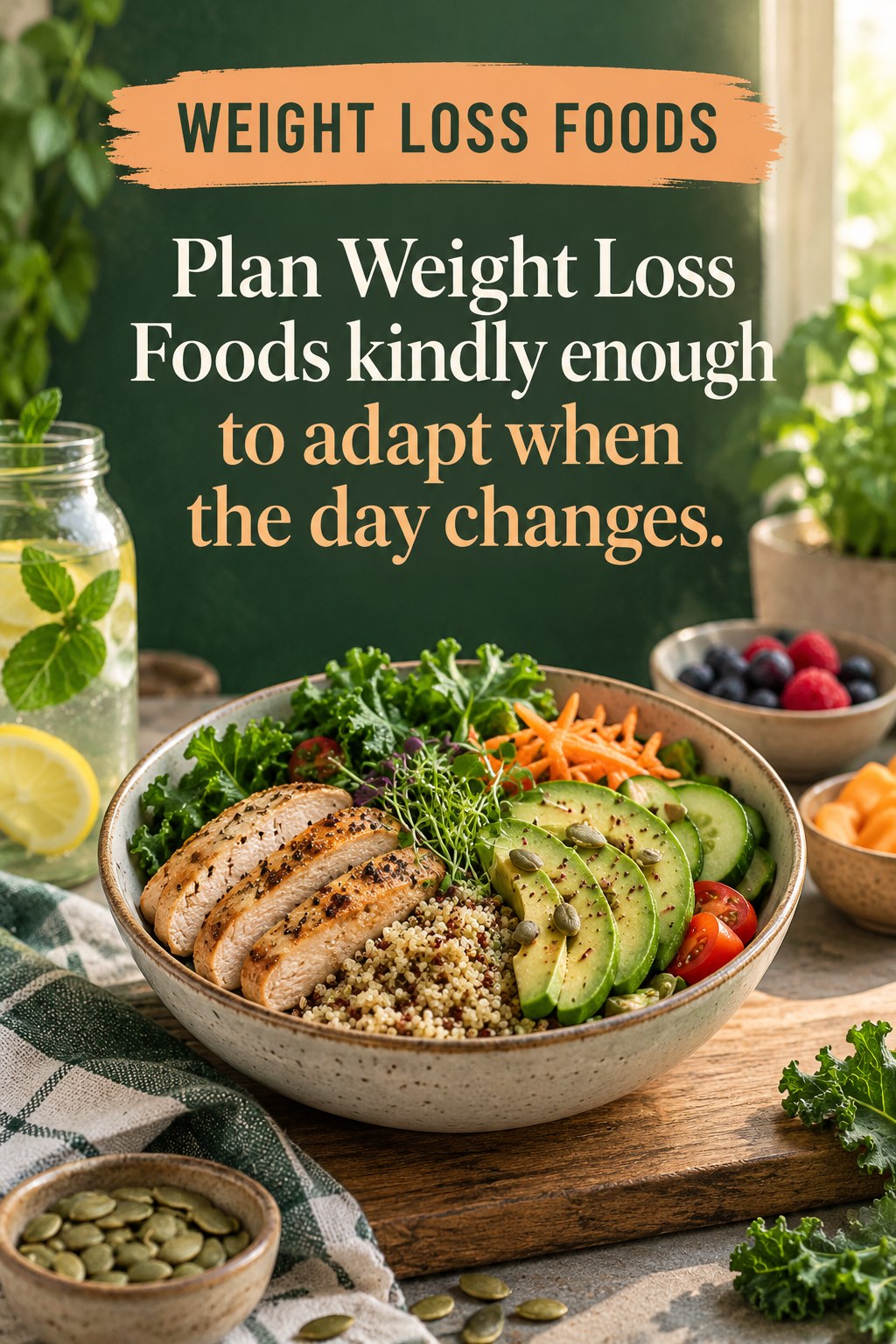 Original Weight Loss Foods quote graphic reading “Plan Weight Loss Foods kindly enough to adapt when the day changes.” in a board-relevant editorial design.