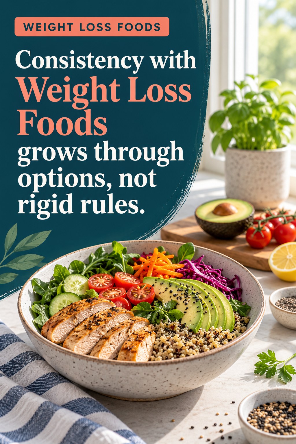 Original Weight Loss Foods quote graphic reading “Consistency with Weight Loss Foods grows through options, not rigid rules.” in a board-relevant editorial design.