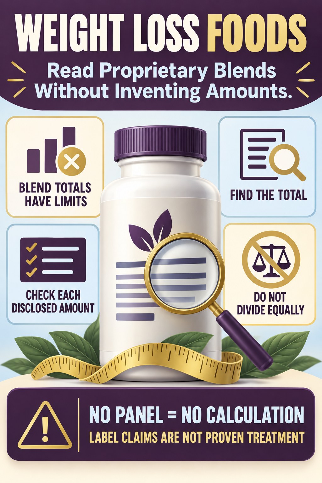 Read Proprietary Blends Without Inventing Amounts prostate supplement label-literacy infographic for Weight Loss Foods with four careful reading points.