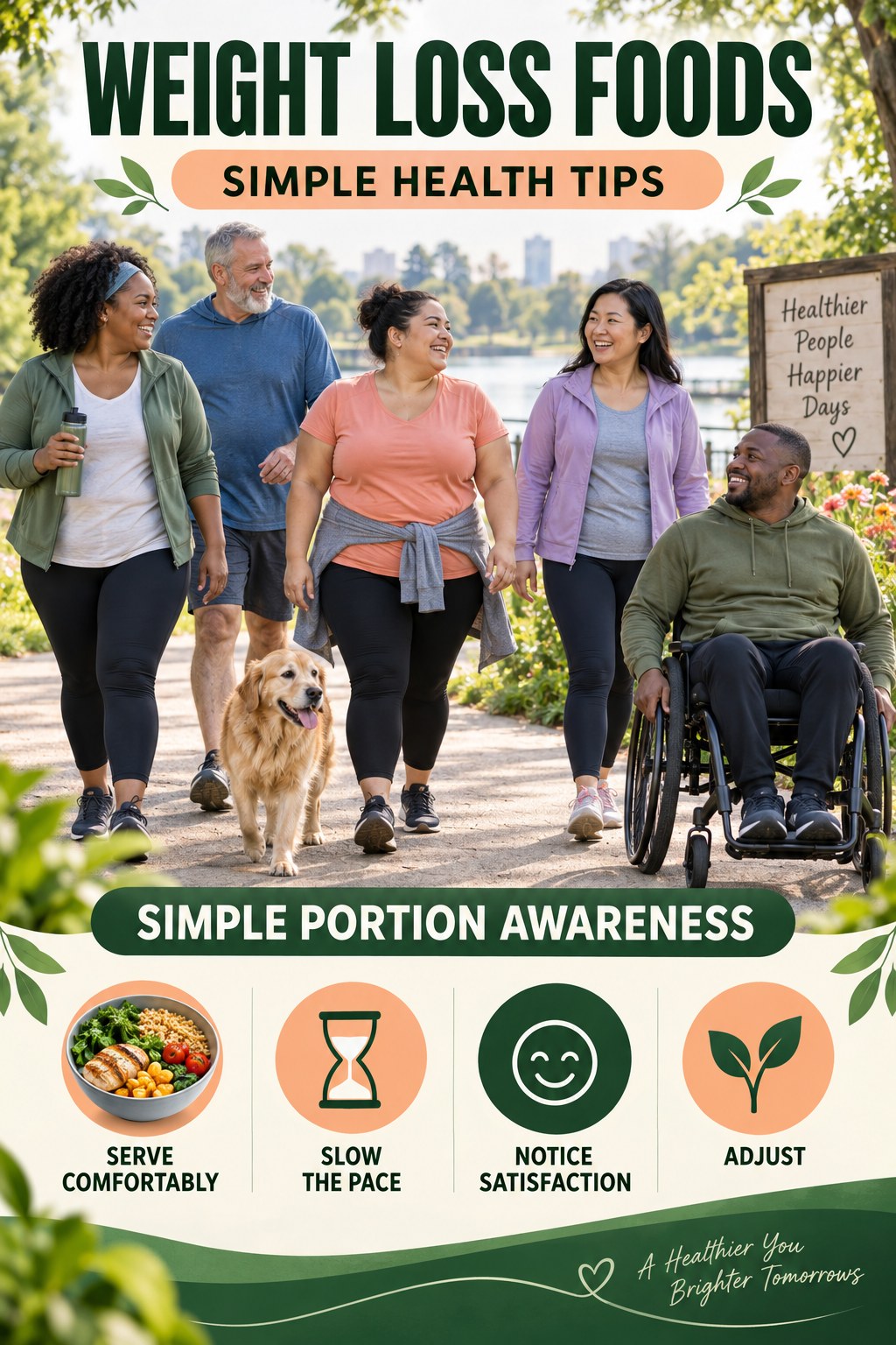 Weight Loss Foods simple-health graphic titled Simple Portion Awareness with four practical wellness prompts.