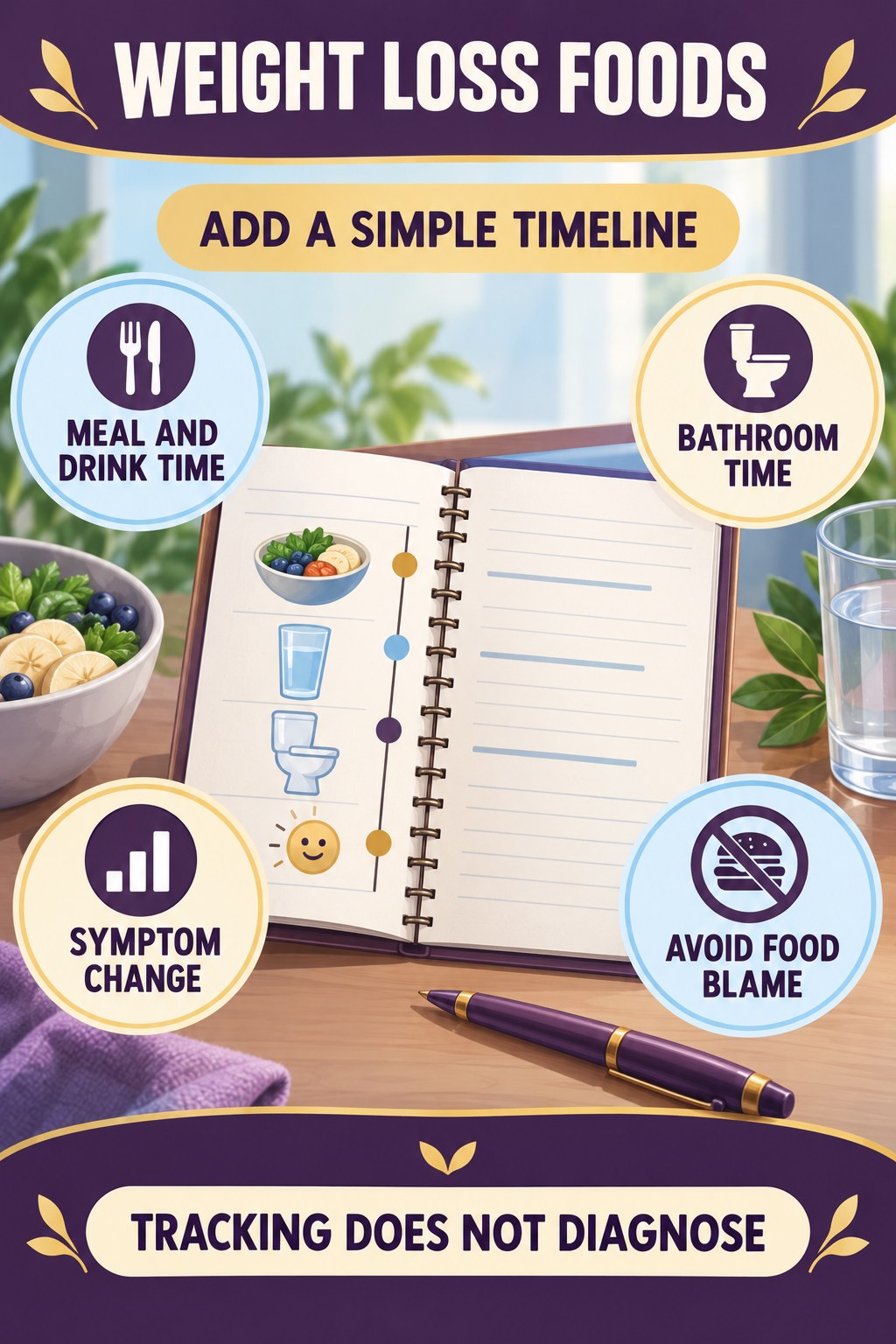 Track Symptoms During Meal Planning urinary symptom tracking infographic for Weight Loss Foods with four practical diary points and a non-diagnostic reminder.