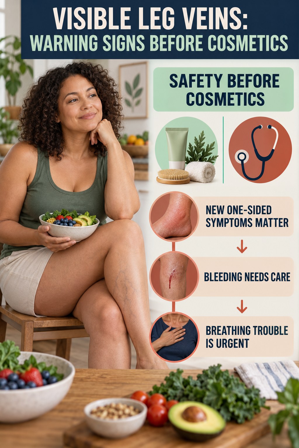 Warning Signs Before Cosmetics infographic for Weight Loss Foods, showing body-neutral visible-leg-vein appearance care and the boundary between temporary cosmetic support and treatment.
