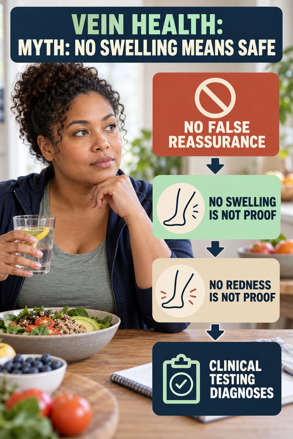 Myth: No Swelling Means Safe infographic for Weight Loss Foods, explaining vein-health warning signs and the appropriate next action without diagnosing a condition.