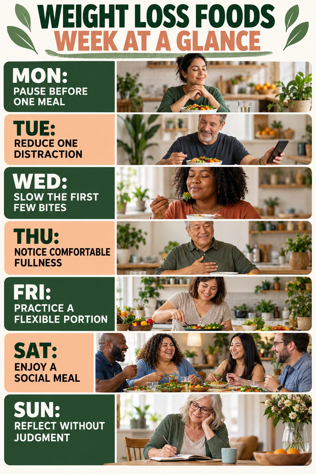 Weekly Weight Loss Foods plan graphic with concise Monday-to-Sunday actions and flexible recovery guidance.