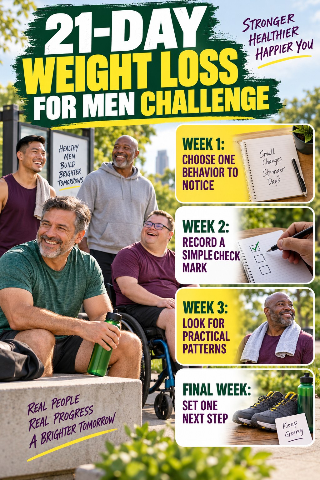 21-day Weight Loss for Men challenge graphic showing four manageable milestones for consistent practice.