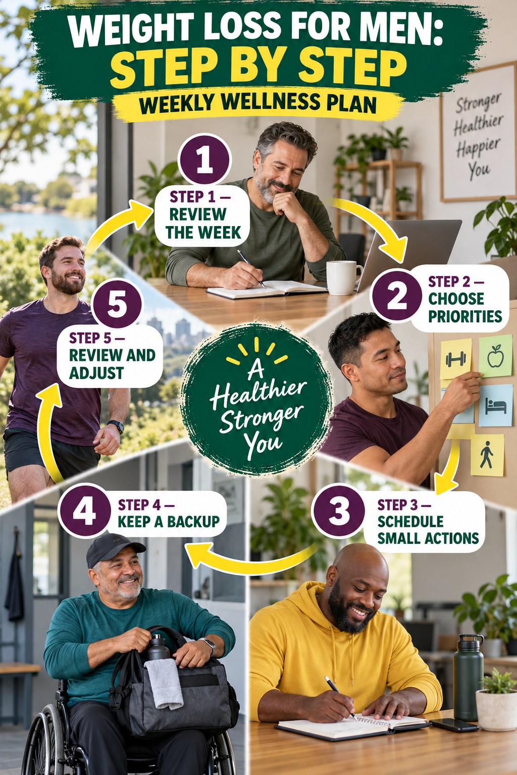 Weight Loss for Men step-by-step graphic showing five numbered stages for weekly wellness plan.