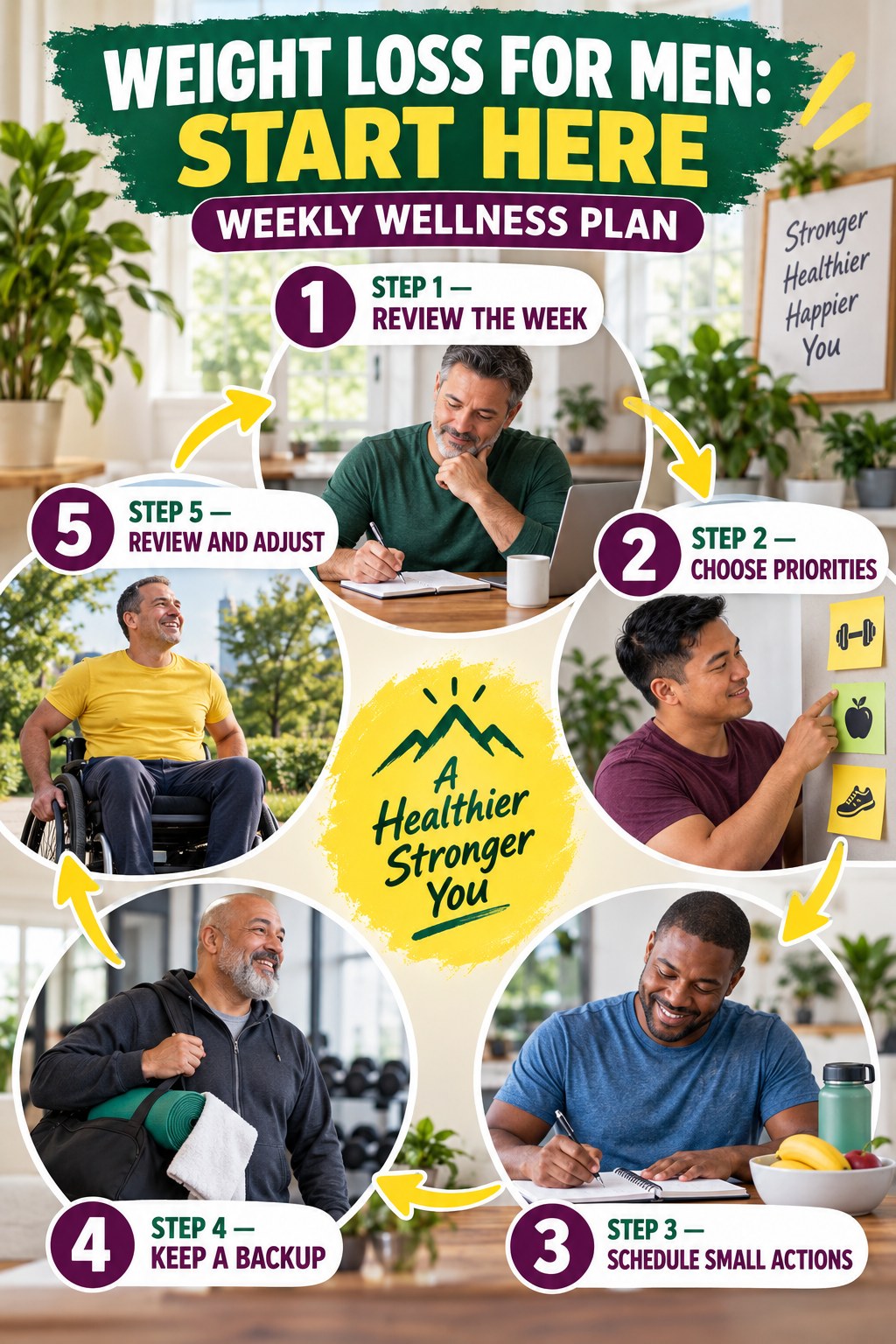 Weight Loss for Men beginner guide graphic showing five manageable stages for weekly wellness plan.