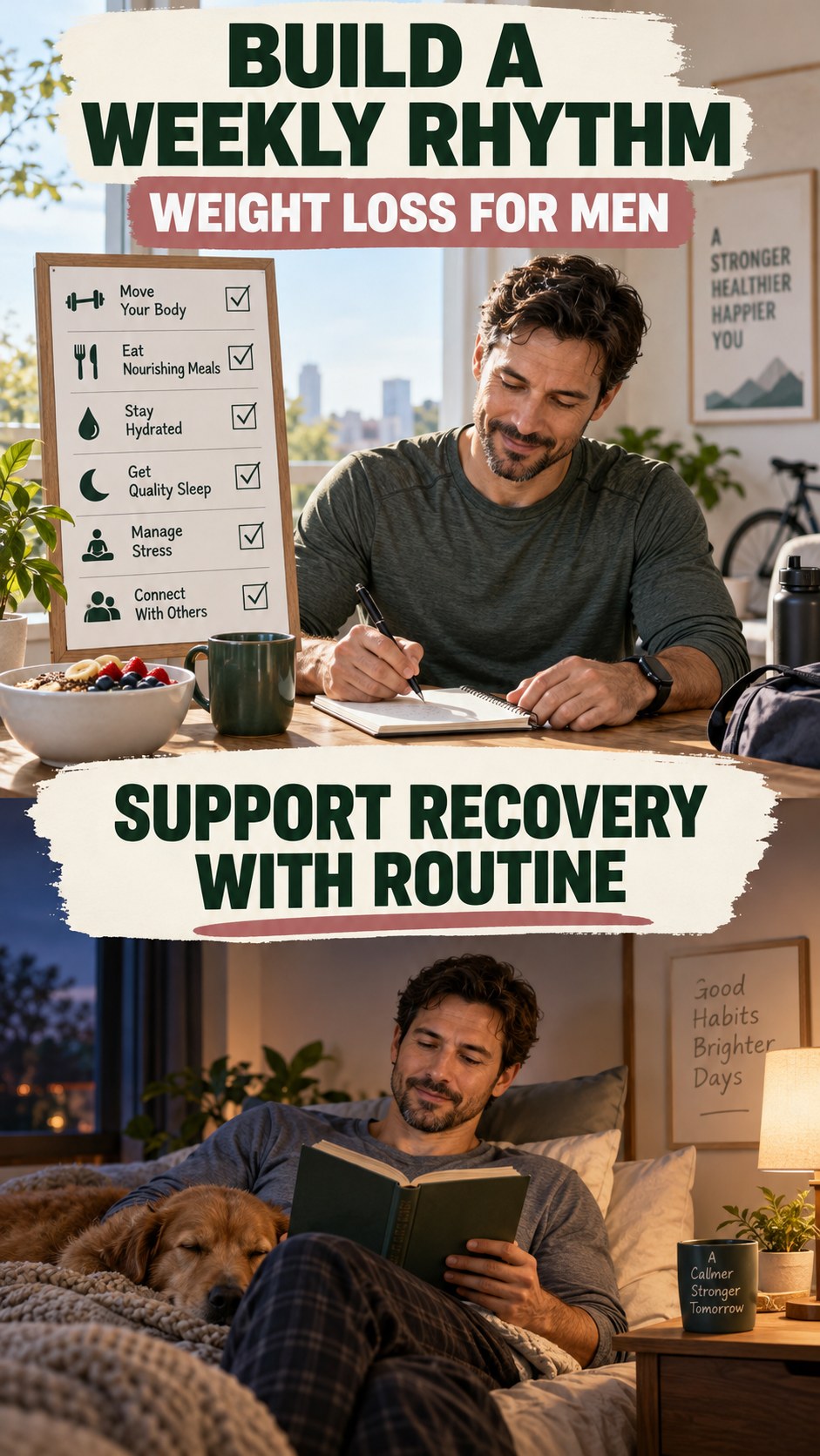 Sleep and Recovery Context infographic for Weight Loss for Men, showing practical metabolism-support habits for an active lifestyle.