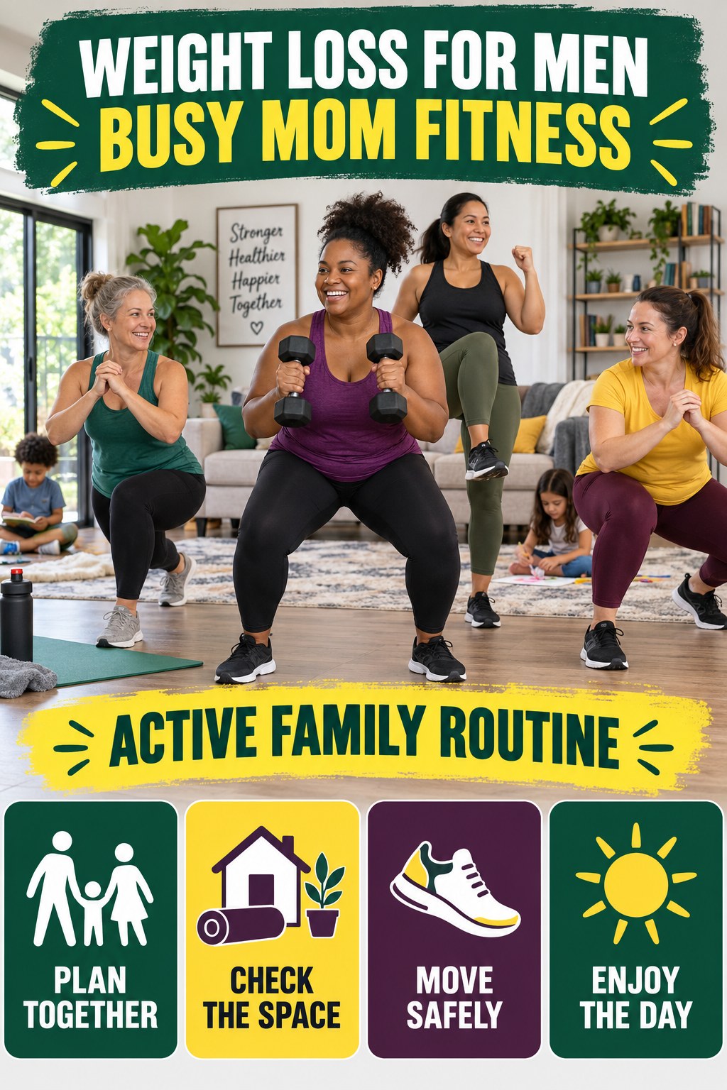 Weight Loss for Men busy-mom fitness graphic titled Active Family Routine with four practical movement prompts.
