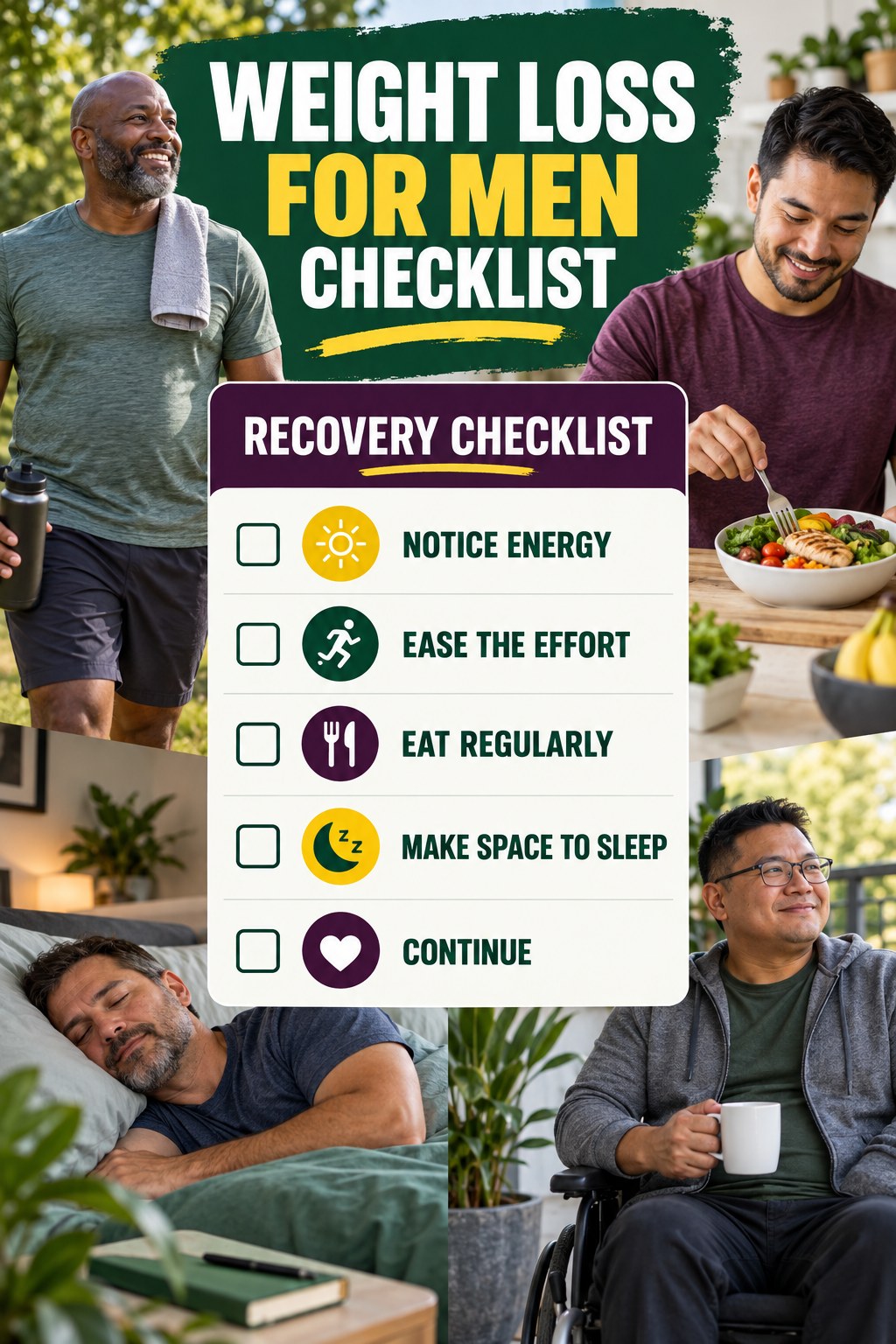 Weight Loss for Men checklist graphic titled Recovery Checklist with five clear practical wellness items.