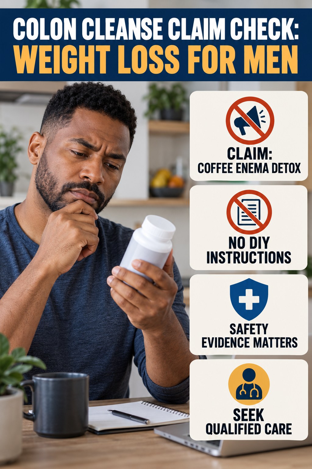Coffee Enema Claims infographic for Weight Loss for Men, separating a colon-cleanse marketing claim from evidence, reasonable conclusions, and safety context.