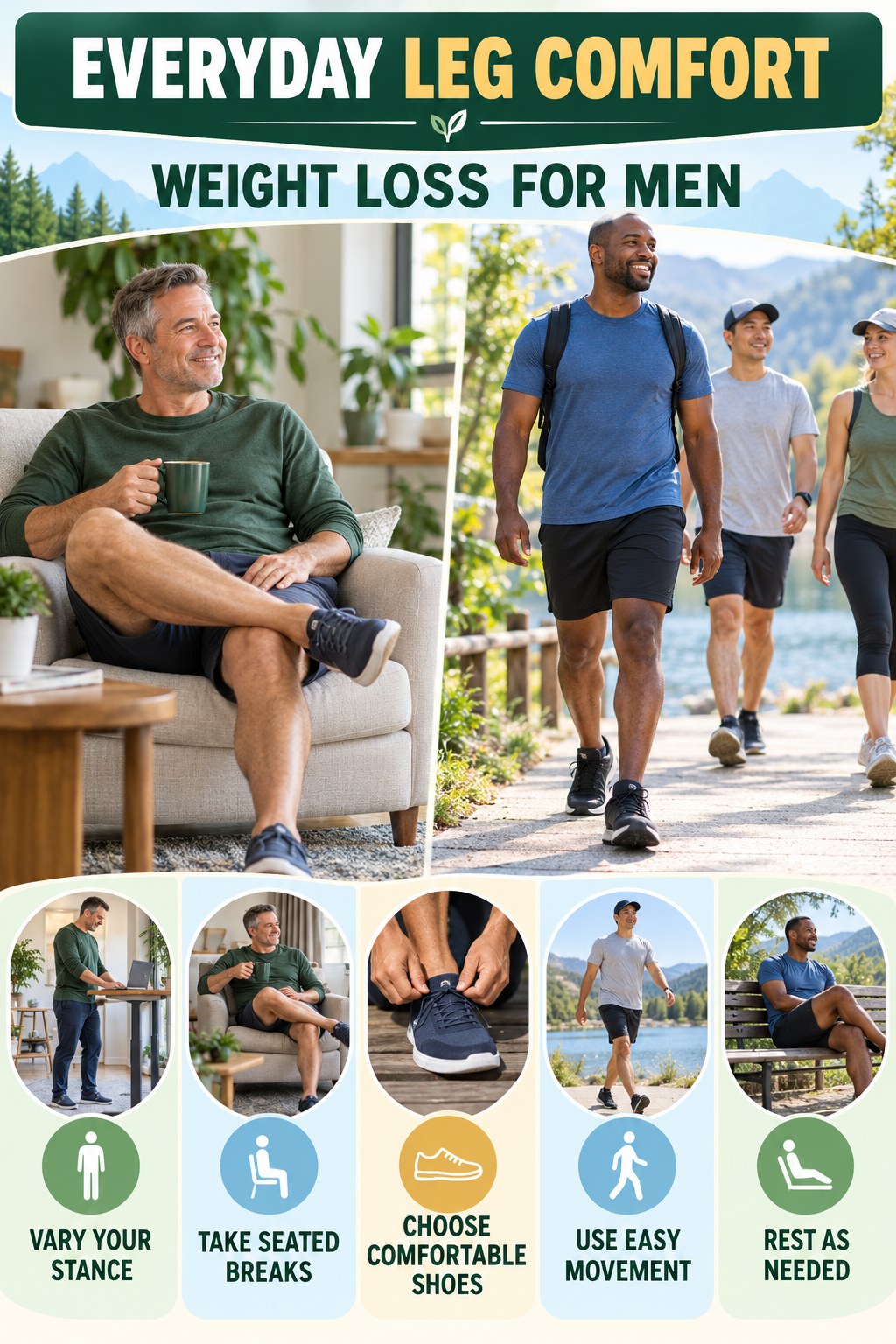 Comfort After a Day on Your Feet infographic for Weight Loss for Men with five gentle movement, position, footwear, recovery, or safety actions.