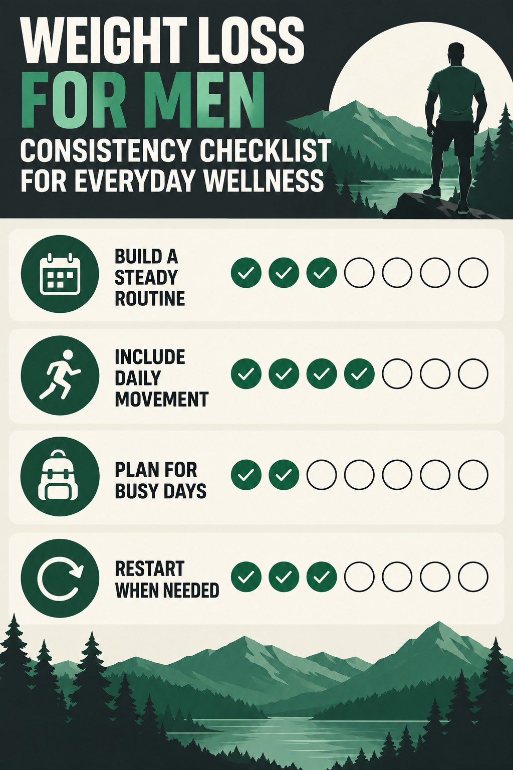 Weight Loss for Men Consistency Checklist for Everyday Wellness infographic with checkboxes for build a steady routine, include daily movement, plan for busy days, restart when needed.