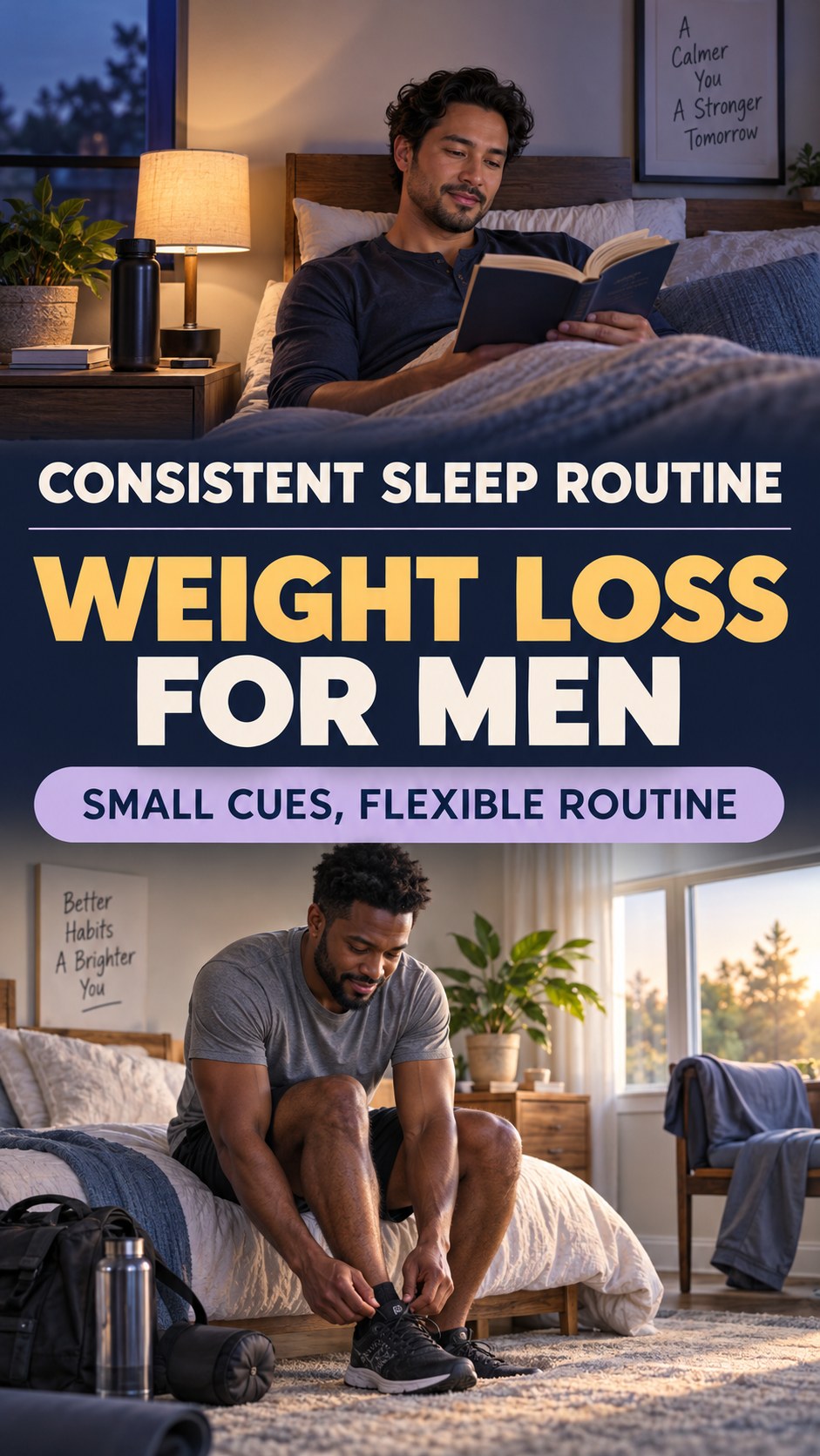 Consistent Sleep Schedule infographic for Weight Loss for Men, showing a flexible and calming evening wellness routine.