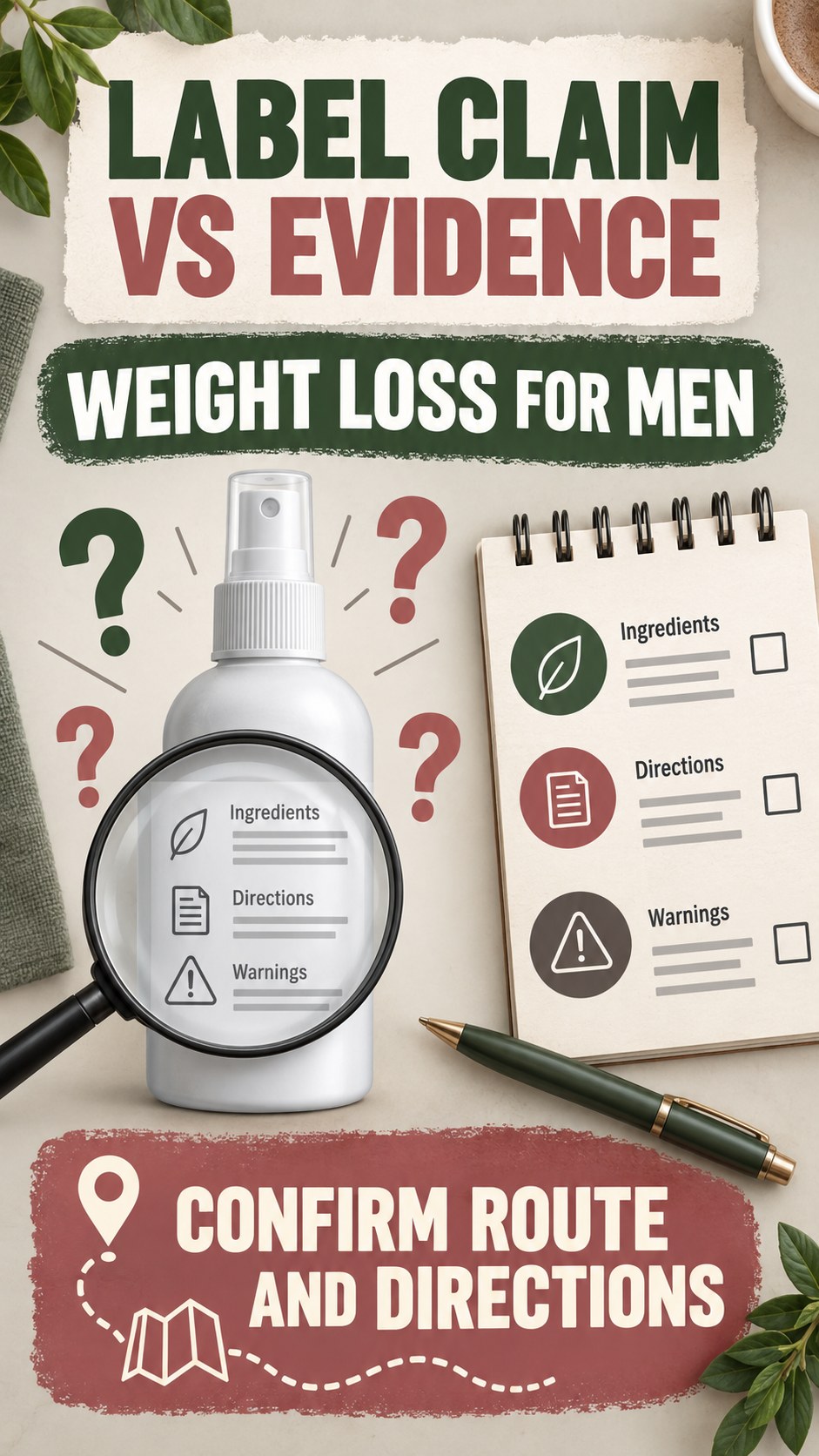 Directions and Route Review infographic for Weight Loss for Men, showing a generic spray-label checklist that separates available facts, missing details, and evidence questions.