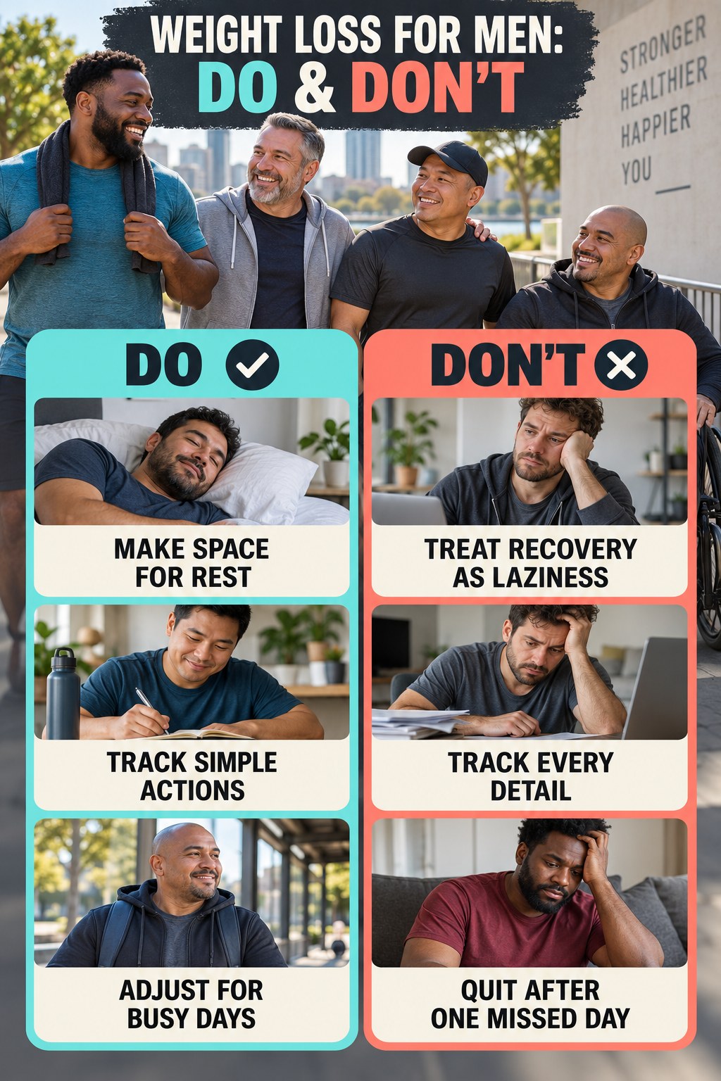 Weight Loss for Men Do and Don’t comparison graphic showing three practical behavior pairs for healthy routine.