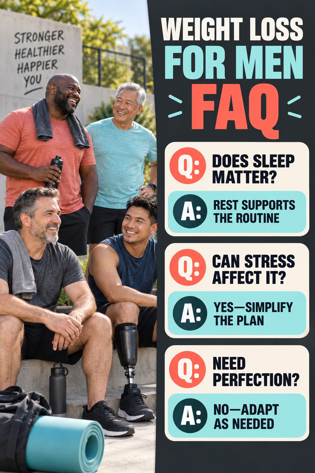 Weight Loss for Men FAQ graphic with three concise questions and practical answers for beginners.