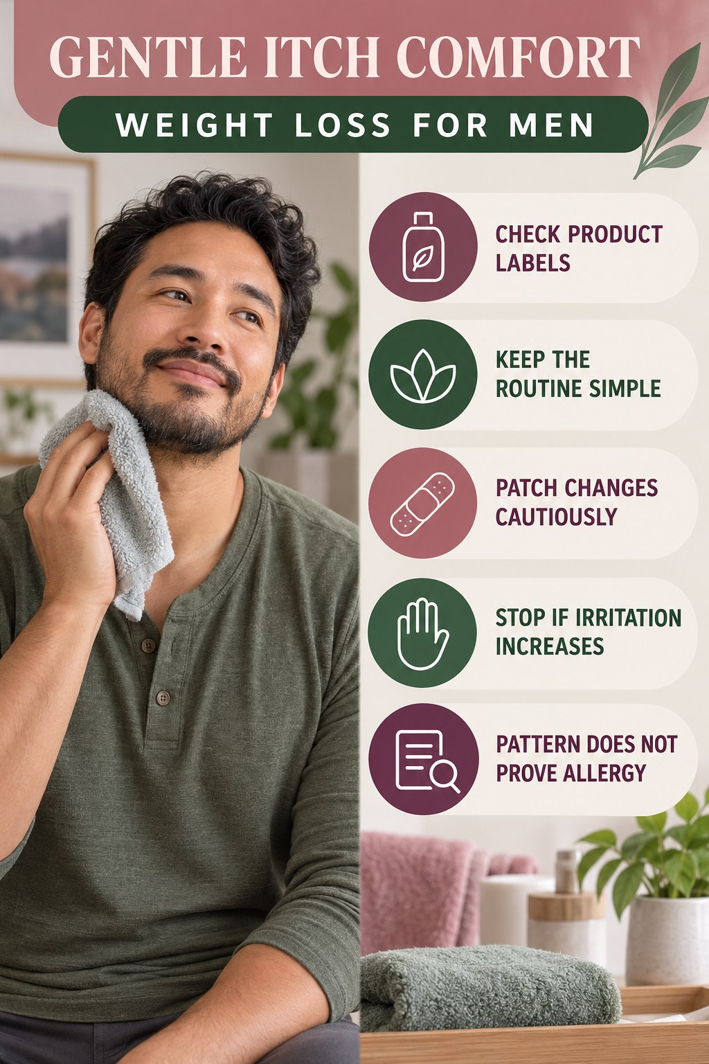 Fragrance-Free Awareness infographic for Weight Loss for Men with five gentle itchy-skin comfort strategies and a non-diagnostic safety focus.