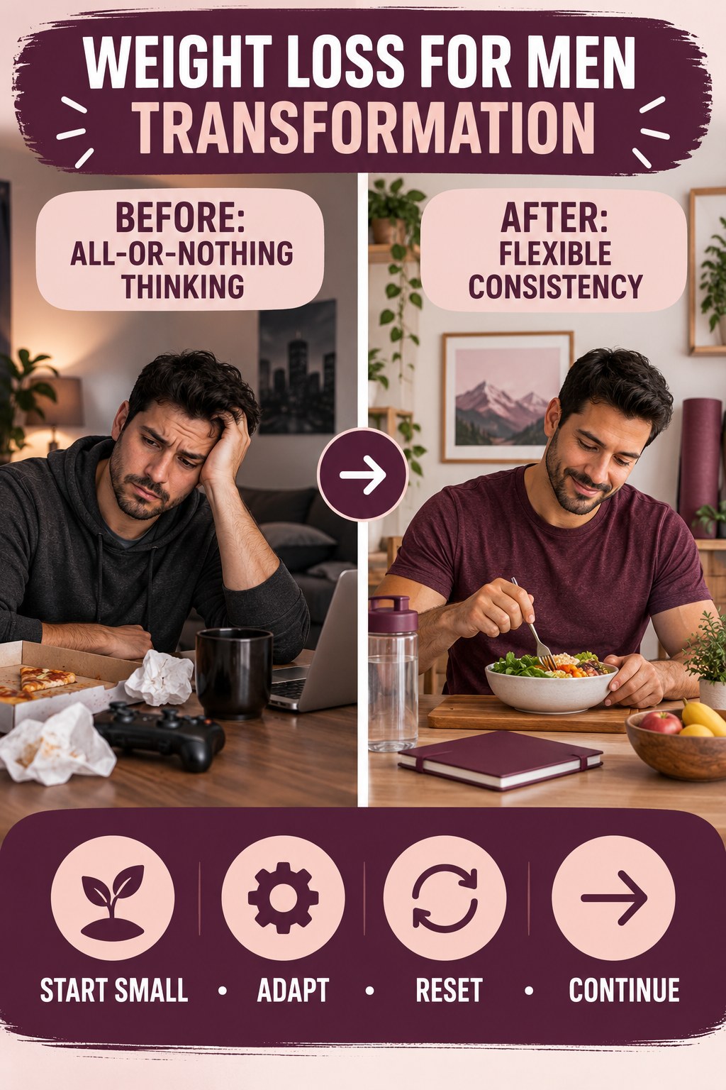 Weight Loss for Men habit transformation graphic comparing all-or-nothing thinking with flexible consistency using four practical steps.