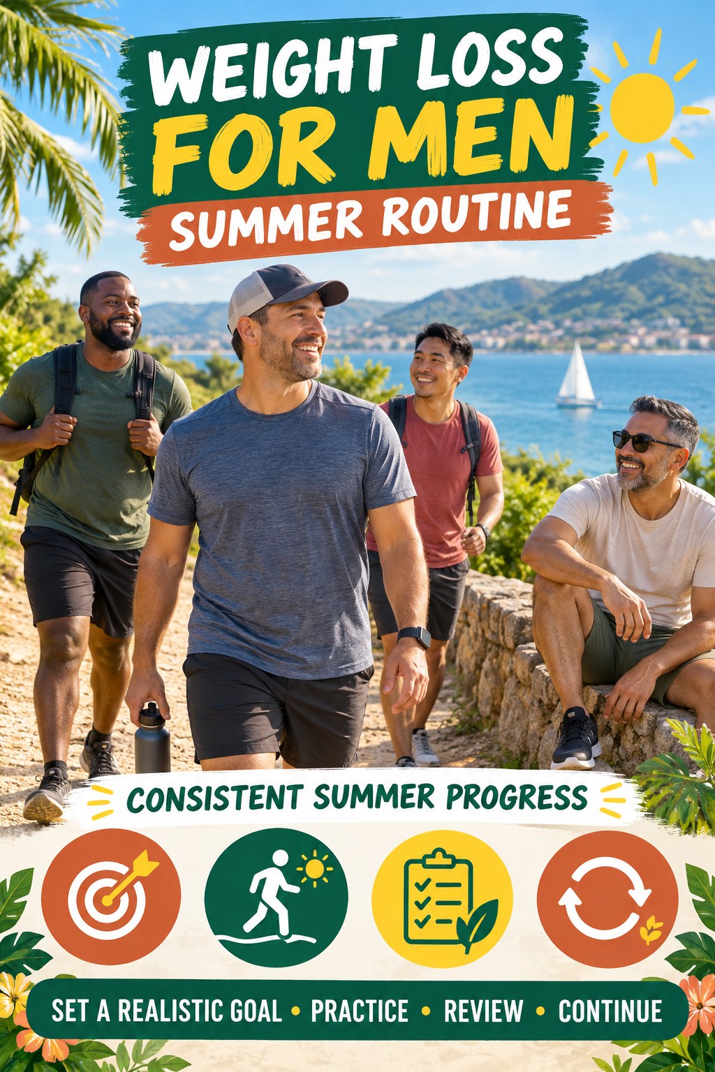 Weight Loss for Men summer routine graphic titled Consistent Summer Progress with four practical wellness prompts.