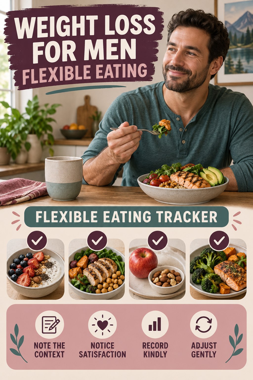 Weight Loss for Men flexible eating graphic titled Flexible Eating Tracker with four practical balance prompts.